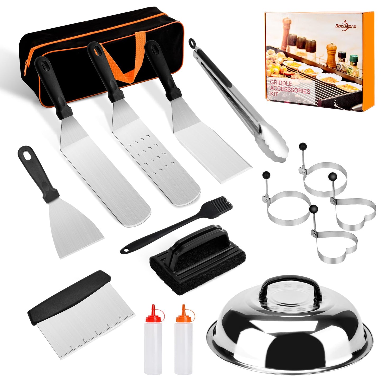 Bbcuepro 16 PCS Griddle Accessories Kit - Stainless Steel Flat Top Grill Spatula Kit for Outdoor Barbecue Teppanyaki Camping Cooking, Blackstone and Camp Chef - Professional Grill BBQ Spatula Set