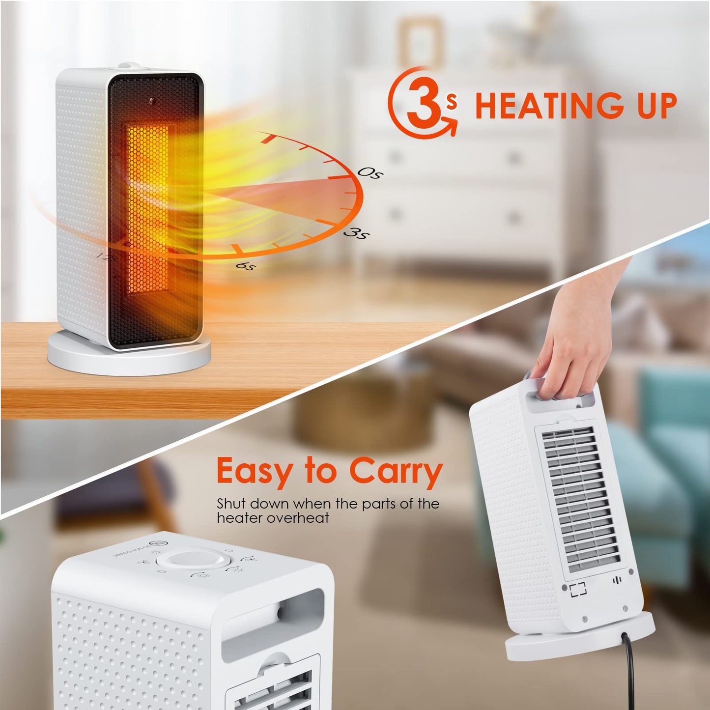 Qoosea Electric Space Heater for Indoor Use Oscillation Electric Space Heater Portable Ceramic Heater with Thermostat Fast Heating Ultra Quiet Small Space Heater for Office Home Room 1200W/600W