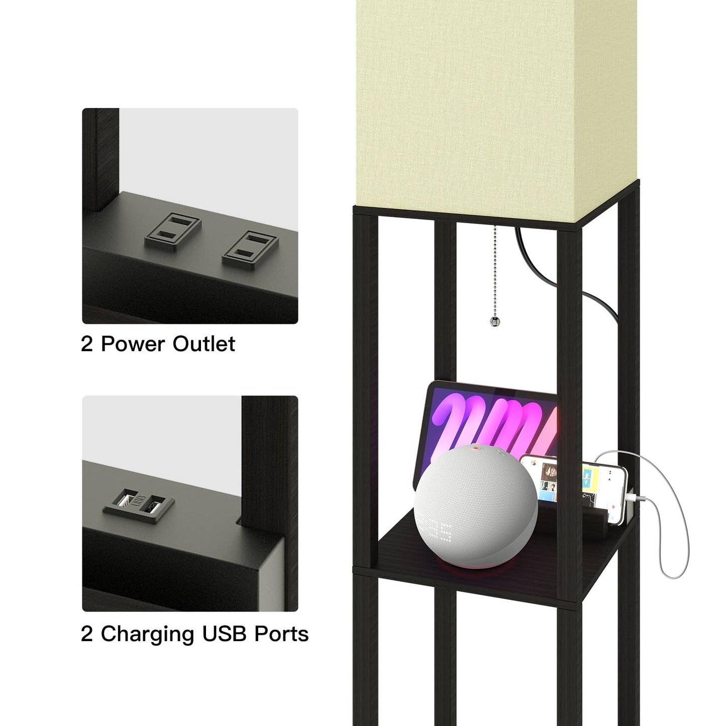 TABEVIO Floor Lamp with Shelves,Smart APP Control Standing Lamp with RGB Bulb with 2 USB Ports, 2 Power Outlet, Corner Lamp with Linen Shade for Living Room, Bedroom, Office