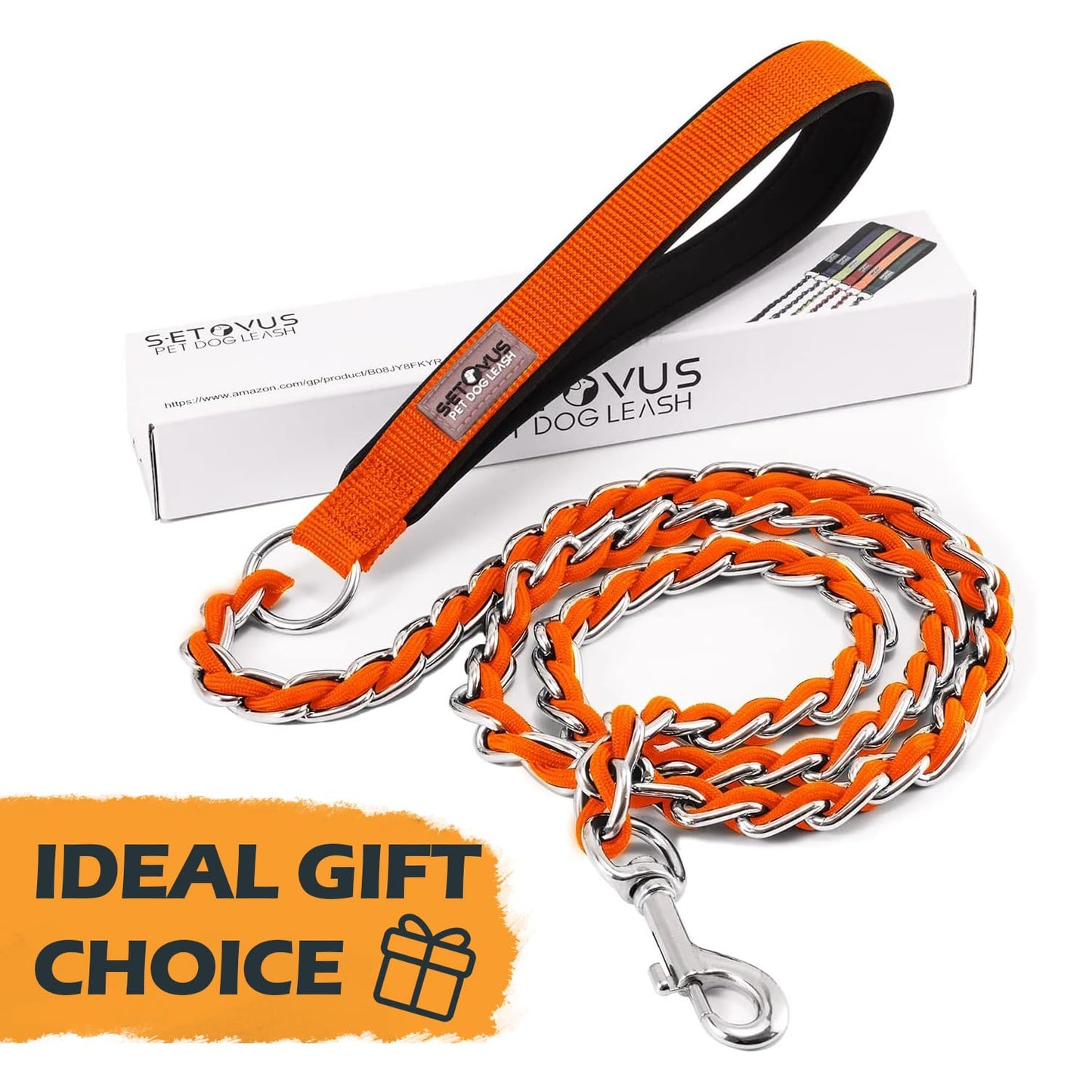 Chew Proof Metal Leash Chain Dog Leash for Medium Large Dogs, Chain Link Dog Leash Anti Chew 5FT Strong Anti Bite Dog Leash Comfortable Soft Padded Handle Orange