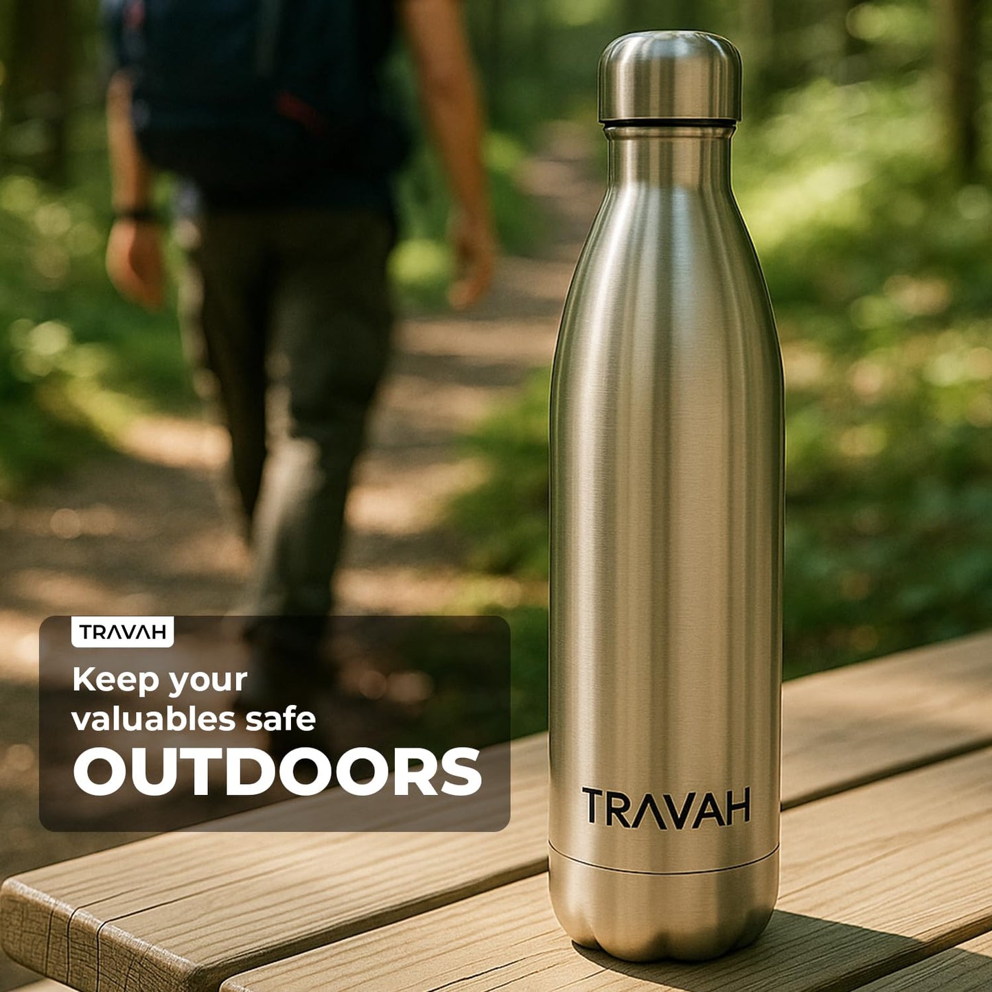Travah Travel Water Bottle Stainless Steel Water Bottle with Storage for Cash, Keys, Valuables Insulated Water Bottle for Men and Women Hot and Cold Water Bottle Leak-Proof Water Bottle (Silver)
