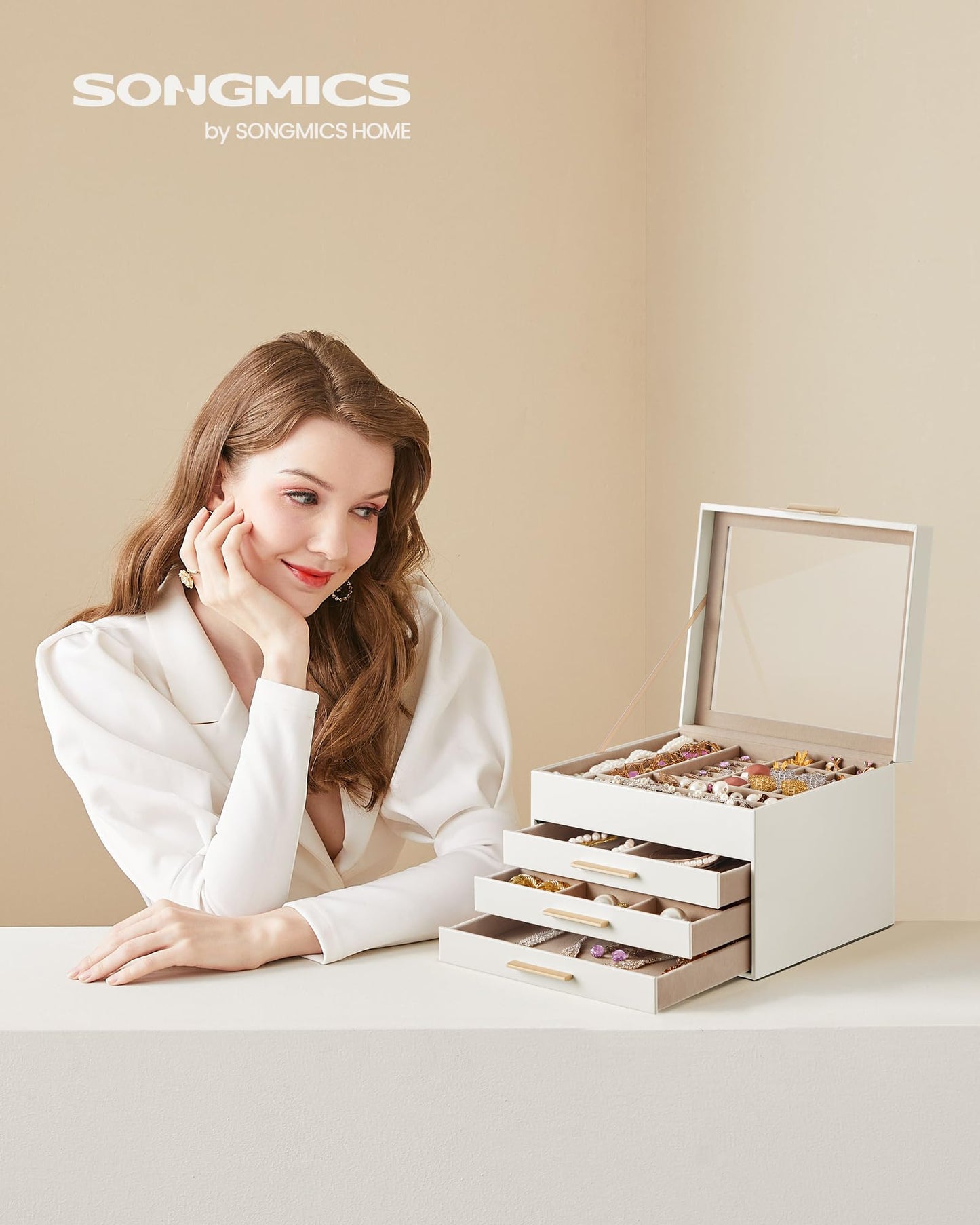 SONGMICS GISELLA Collection - Jewelry Box Organizer, 4-Layer Jewelry Storage with 3 Drawers, Shiny Metal Hardware, Glass Lid, Modern, 20.3 x 23.1 x 16.5 cm, Cloud White and Gold Color UJBC173W01