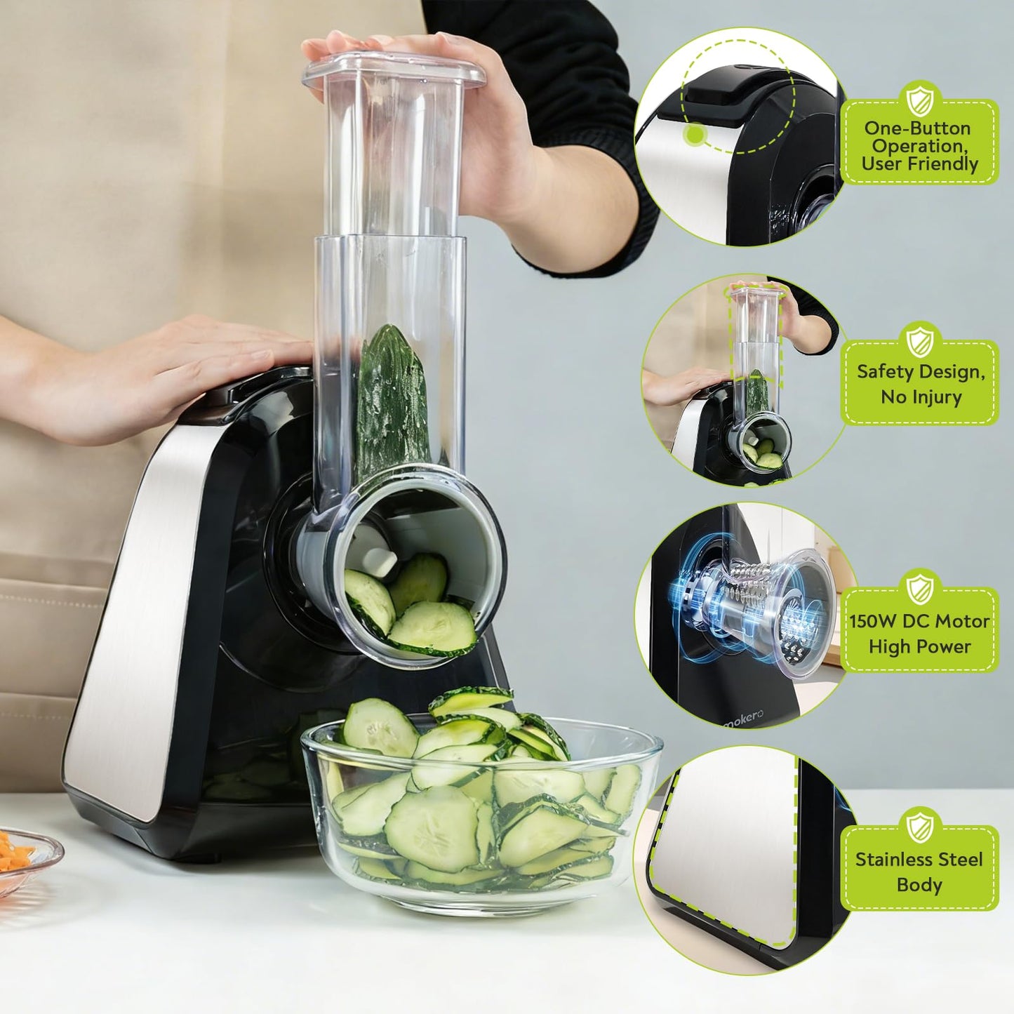Mokero 5 in 1 Electric Cheese Salad Grater Block for Home Kitchen - Food Slicer Shredder Chopper Automatic Grater for Vegetables Cucumber