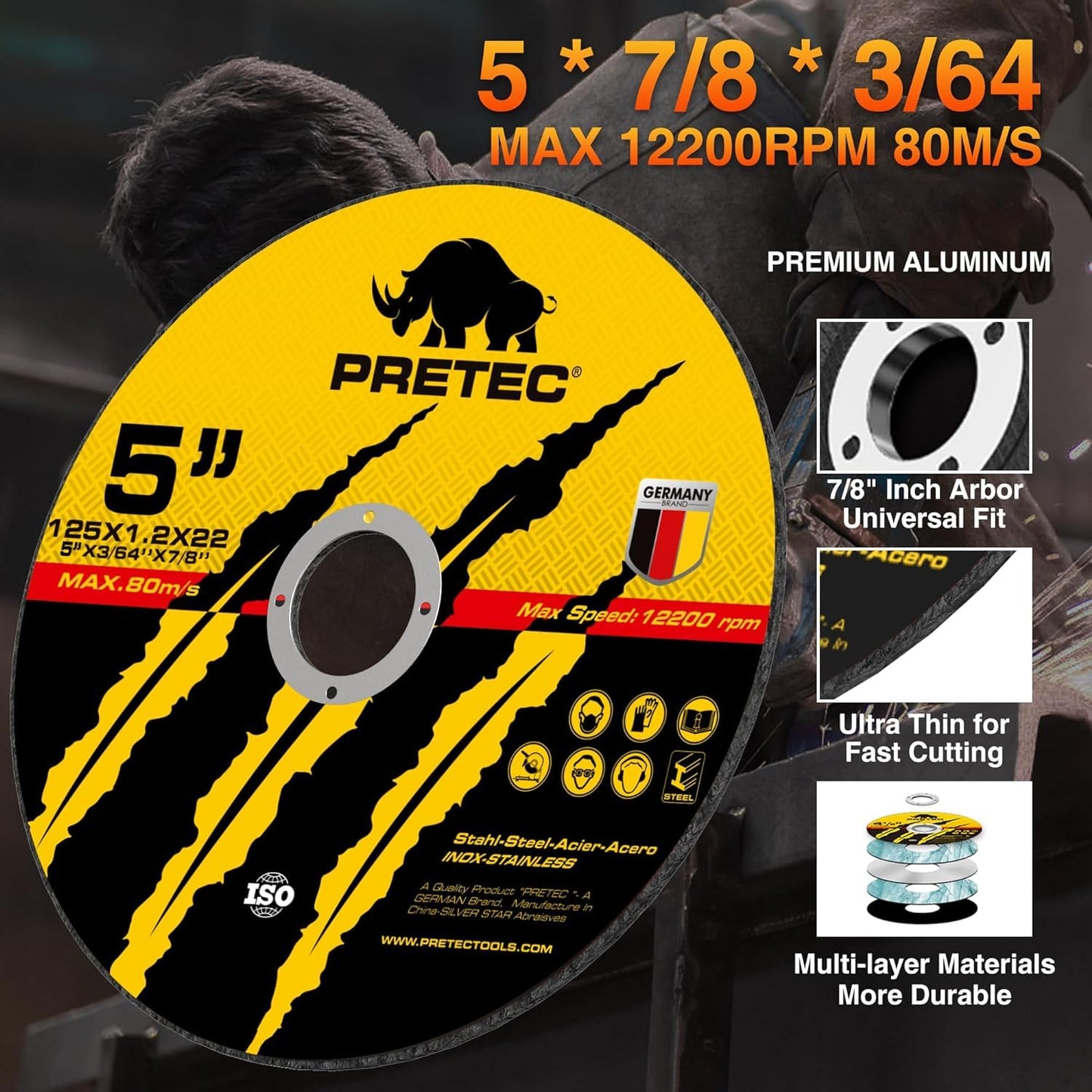 Cut Off Wheels 5", PRETEC 50+5 Pack Metal Cutting Wheel, Thin 5” Metal & Stainless Steel Fast Cutting Discs for Angle Grinder - 7/8" Arbor Hole, 5” x 3/64" x 7/8"