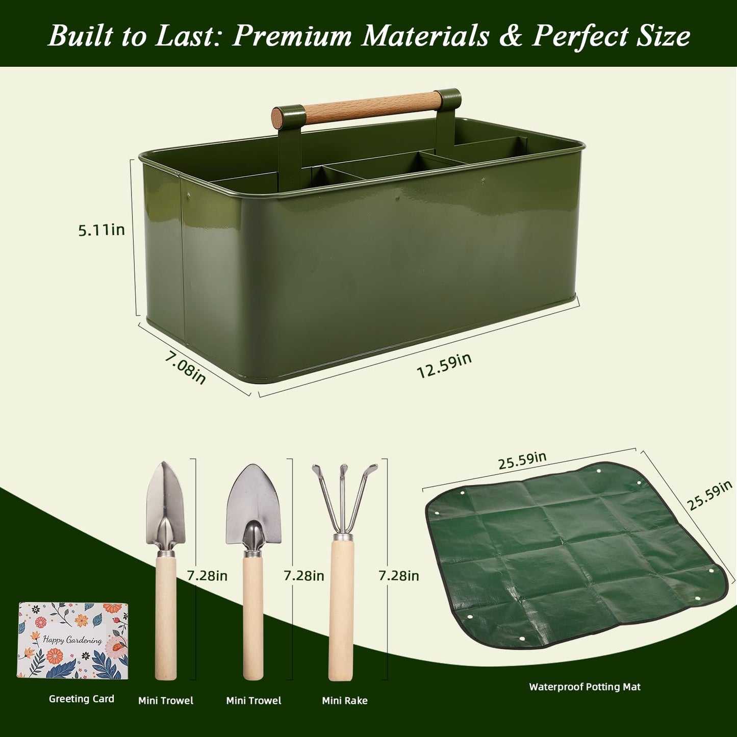 VerdantVibes Metal Garden Tool Caddy - Galvanized Organizer Basket with Wood Handle, Waterproof Repotting Mat & 3-Piece Mini Tools - Indoor Gardening Gift Set for Houseplant Lovers Women