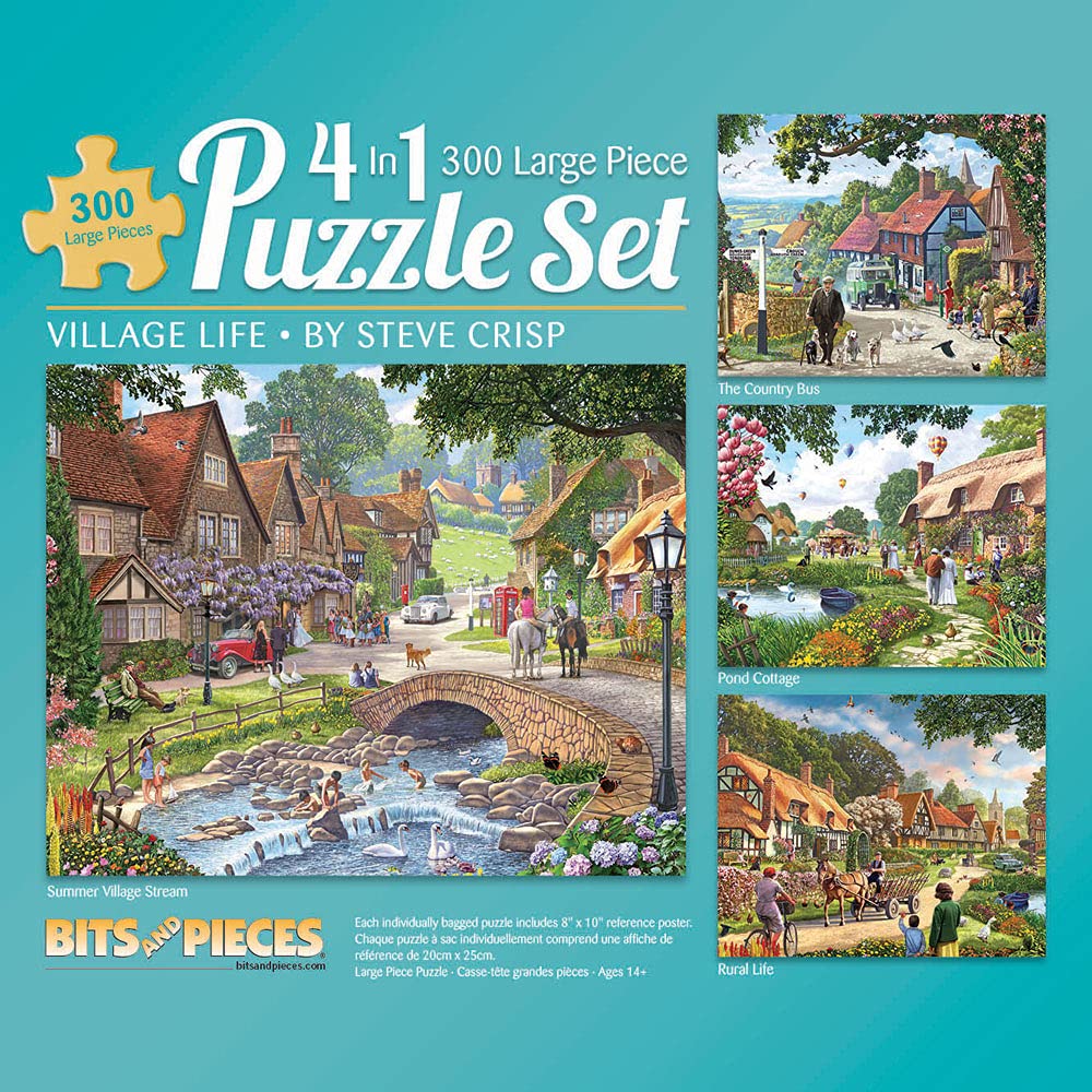 Bits and Pieces - 4-in-1 Multi-Pack - 300 Piece Jigsaw Puzzles for Adults-Each Measures 16" x 20" (46cm x 61cm)-Village Life by Artist Steve Crisp