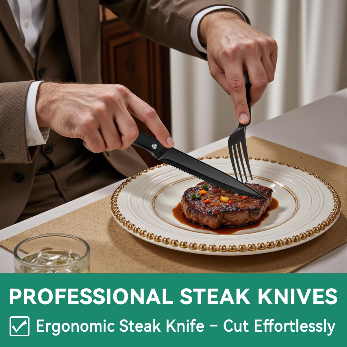 49-Piece Black Silverware Set with Drawer Organizer, Stainless Steel Cutlery for 8 with Matte Steak Knives, Forks, Spoons