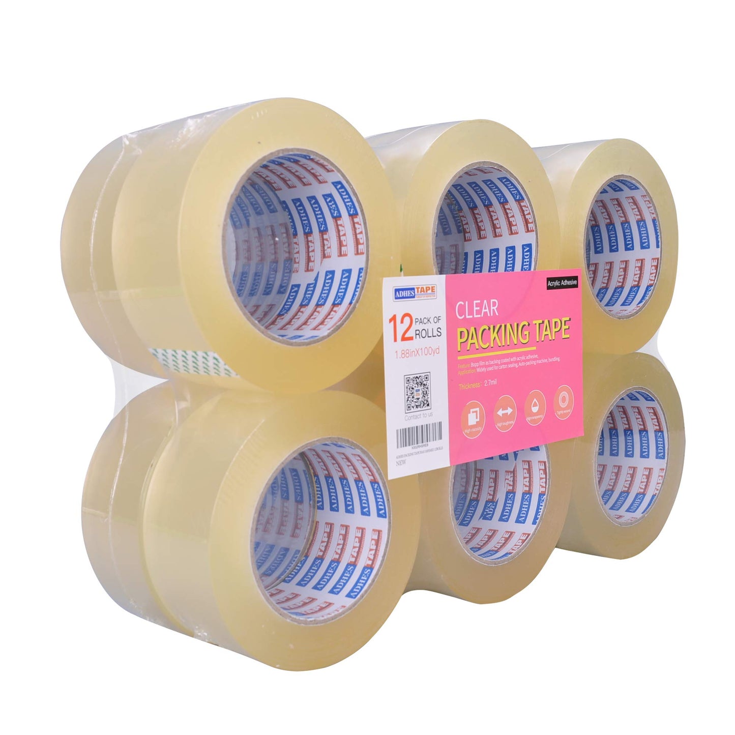 ADHES Packing Tape Packaging Tape Shipping Tape for Moving Boxes,1.88 Inch x 100 Yards x 2.7 Mil, 12 Rolls