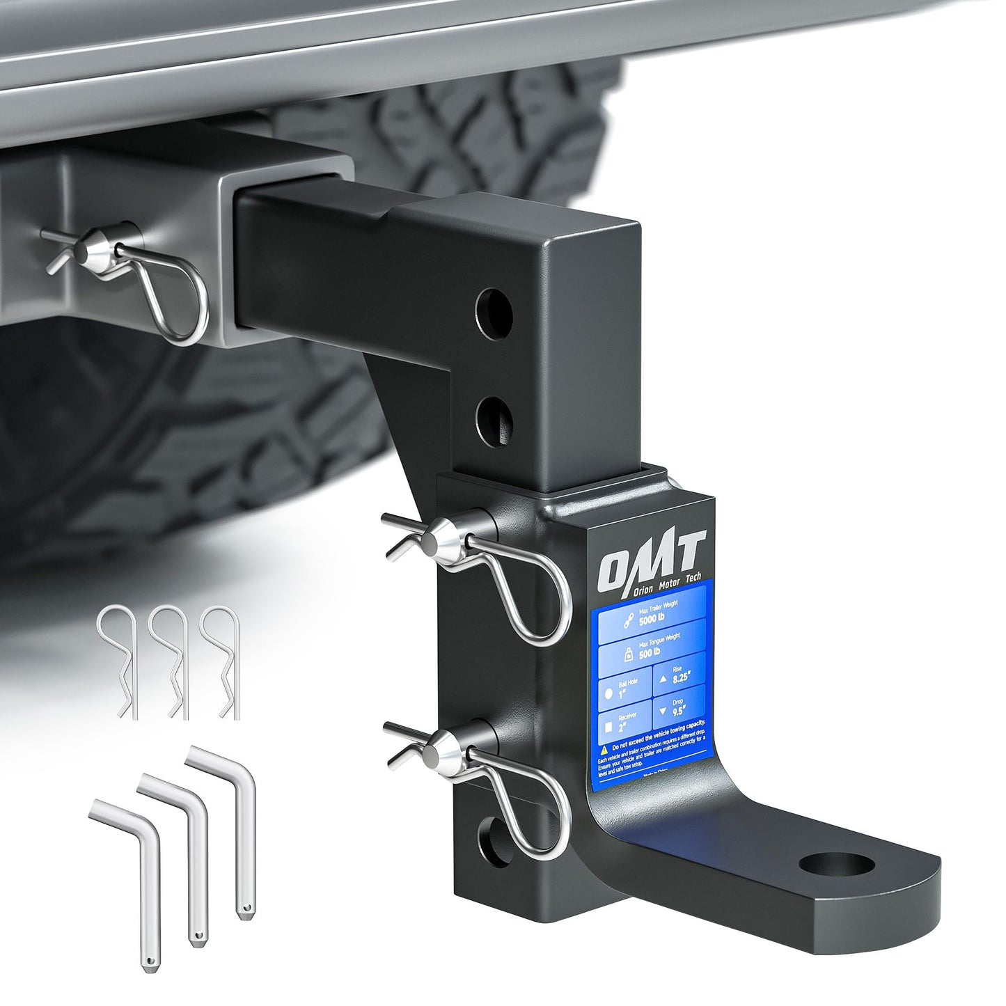 Orion Motor Tech Adjustable Trailer Hitch Ball Mount, 8-Position Tow Hitch for 2" Receiver with 1" Ball Hole 9-1/2" Drop 8-1/4" Rise 5000 lb Capacity, Heavy-Duty Ball Hitch for Truck Boat RV Cargo