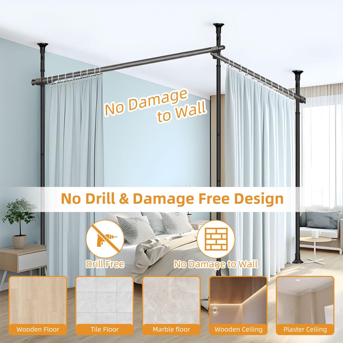 Room Divider Curtain Rod, No Drilling Curtain Rod for Room Separation, Adjustable Heavy Duty Partition Room Divider, Floor to Ceiling Freestanding Wall Divider 4-10ft (H) 28-114inch(W) Black