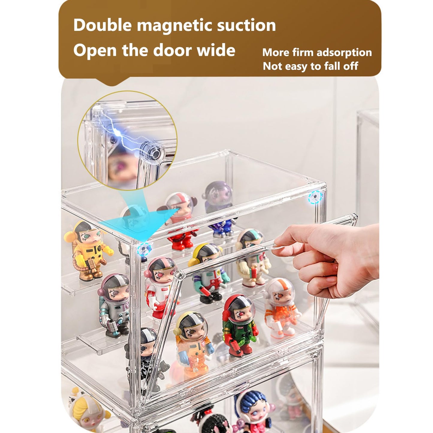 Clear Display Case for Figures, 3 Tier Adjustable Display Stand, Acrylic Display Box with Magnetic Door, Display case for Figures, Dustproof Showcase for Collectibles (2, Transparent-2 Pack)
