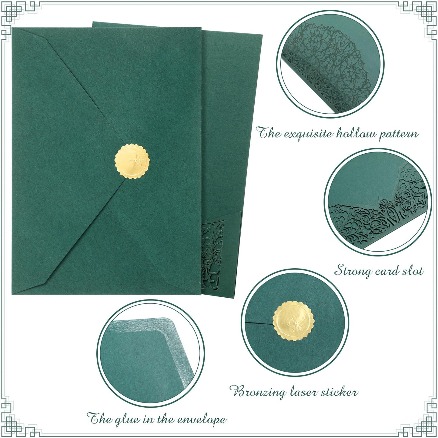 PerKoop 100 Set 5 x 7 Laser Cut Wedding Invitation with Envelopes and Wax Seal Stickers Blank Pocket Invitation Cards Kit for Wedding Bridal Shower Engagement Invite(Dark Green)