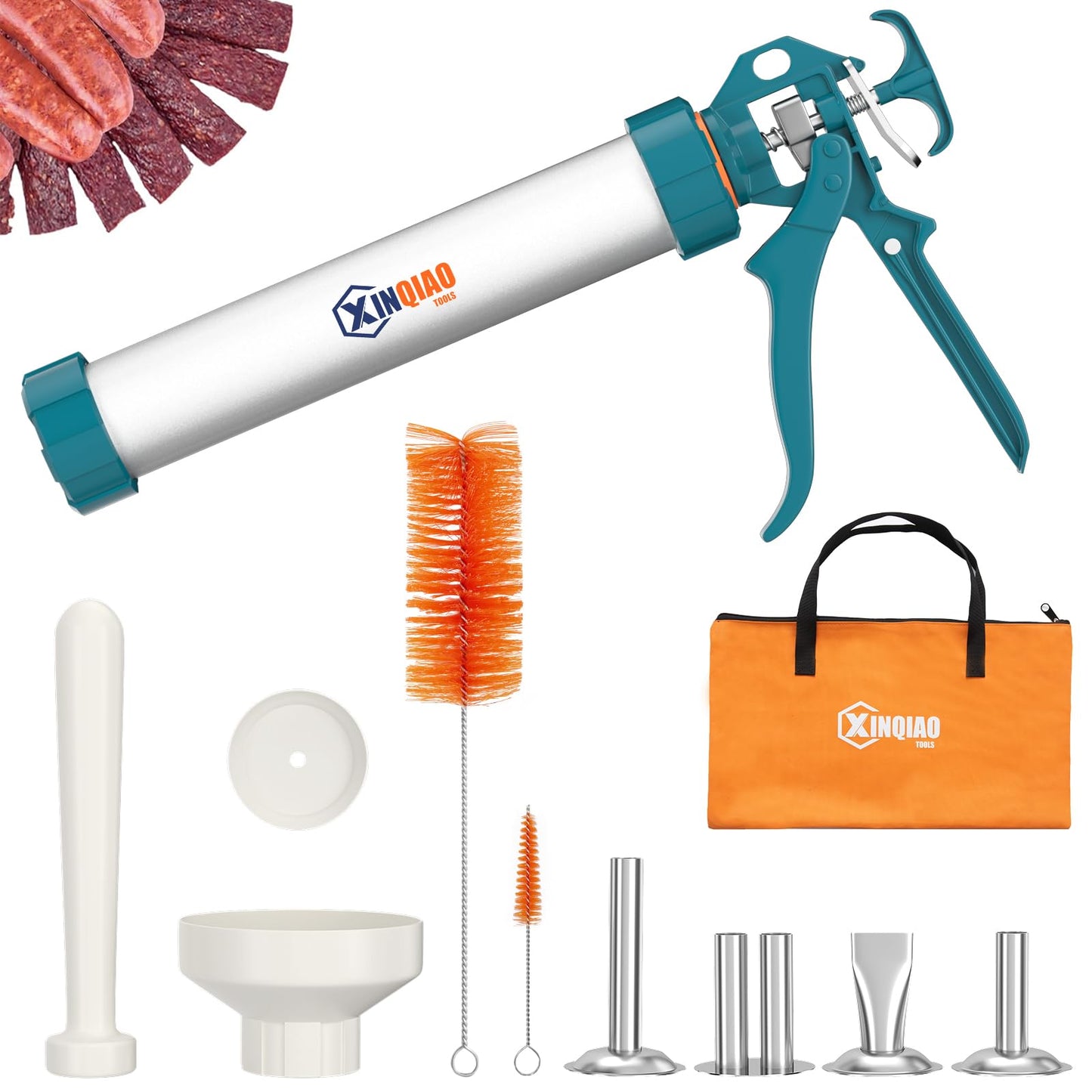 XINQIAO Beef Jerky Gun for Ground Meat, Large Aluminum Jerky Cannon Comes with a Bag, 4 Nozzles, 2 Brushes, 1 Funnel, 1 Pestle