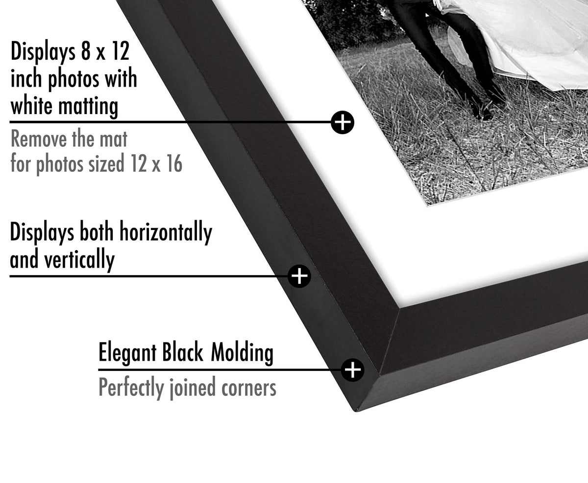 Americanflat 12x16 Black Picture Frame - Display Pictures 8x12 with Mat - Display Pictures 12x16 without Mat - Glass Front - Hanging Hardware Included