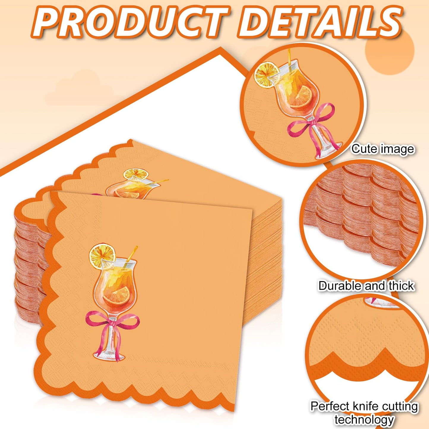FYSUIMU 100 Pcs Love at First Spritz Cocktail Napkin Disposable Scalloped Paper Napkin Orange Drink Beverage Napkins for Wedding Bride Bachelorette Shower Party Supplies