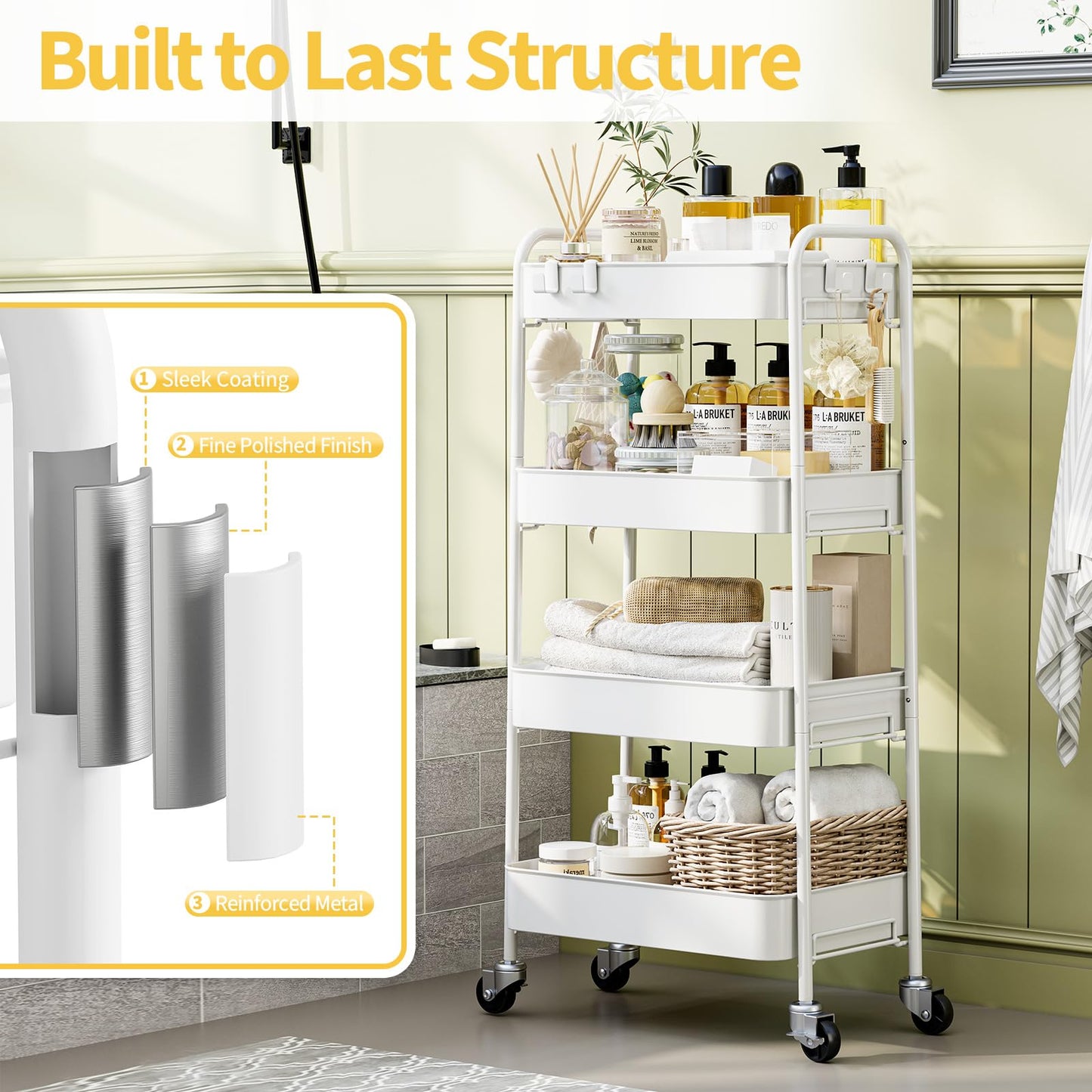TOOLF 4-Tier Rolling Cart, Metal Utility Cart with Lockable Wheels, Storage Craft Organizer Serving Trolley Easy Assembly for Office, Bathroom, Kitchen, Kids' Room, Classroom, White
