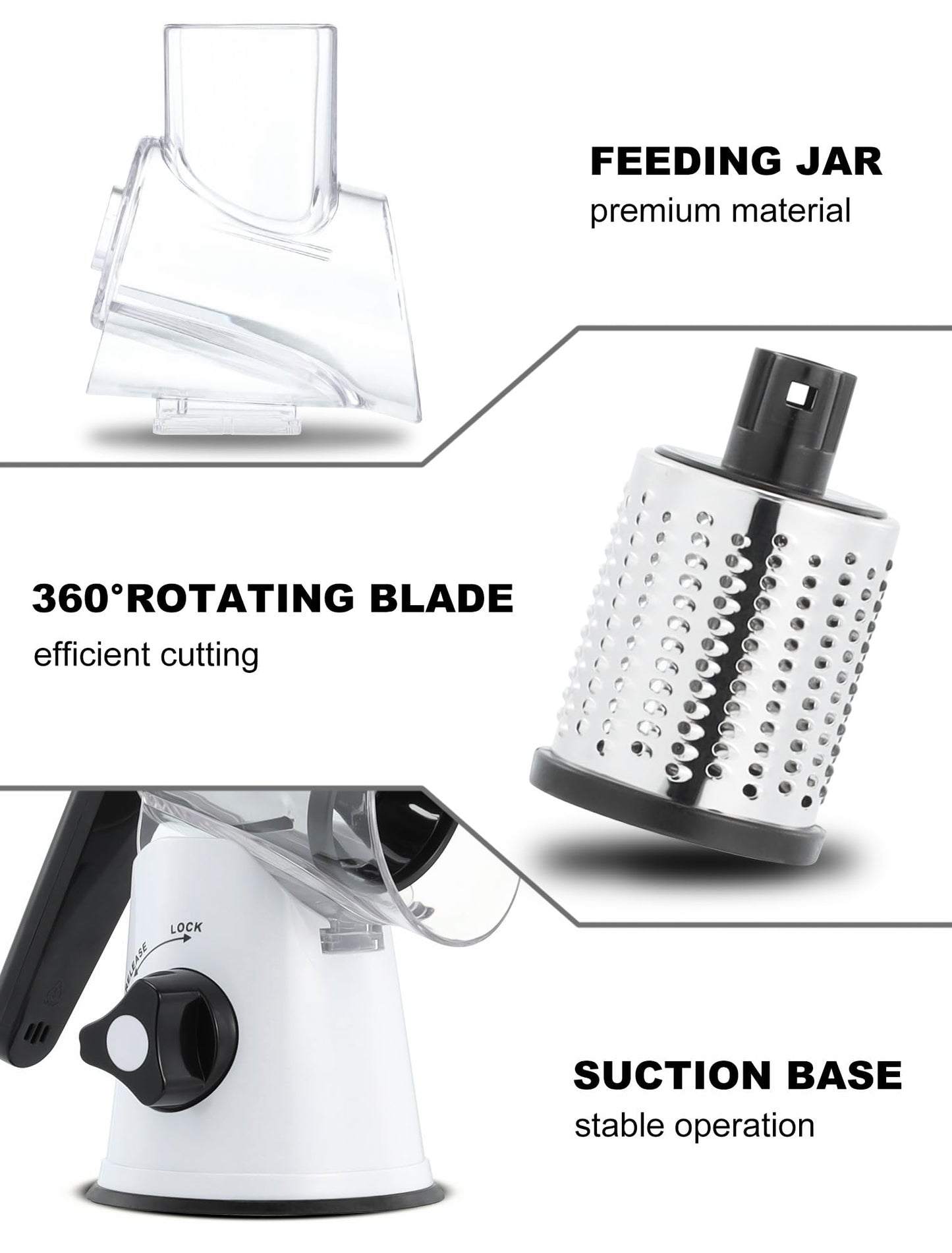 Cheese Grater Rotary, Rotary Cheese Shredder for Kitchen, Kitchen Grater Vegetable Slicer with 3 Drum Blades, Fast Cutting Cheese Shredder for Vegetables and Nuts