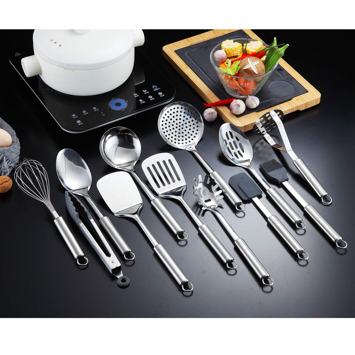 Berglander Stainless Steel Kitchen Utensil 12 Piece with 1 Stand, Cooking Spoon, Kitchen Tools Cooking Utensil with Holder. (13 Pieces)