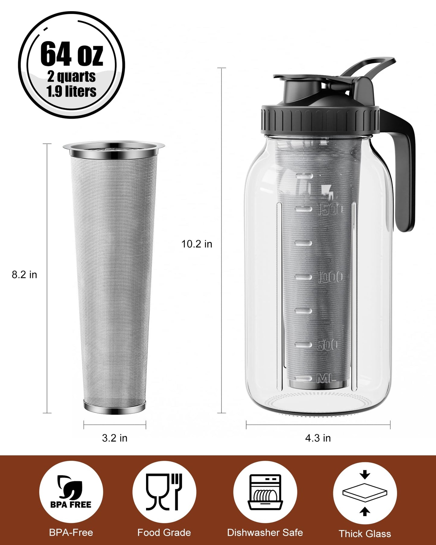Set of 2 Cold Brew Coffee Makers 64oz with Stainless Steel Filter, Iced Coffee Maker with Leakproof Lid & Handle, Mason Jar Pitchers for Cold Brew