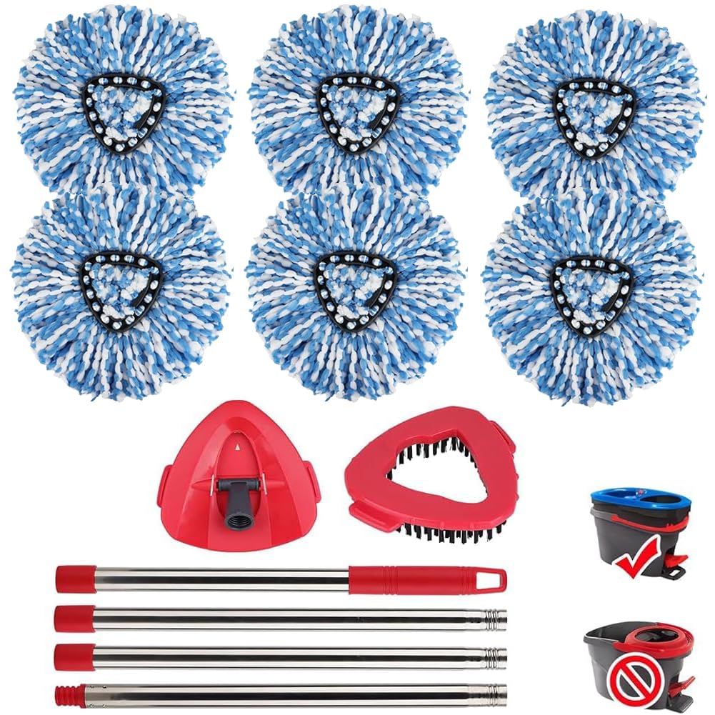 RinseClean Spin Mop Head Refill for Vileda EasyWring 2-Tanks System - Rotating Microfiber Triangle Replacement Pads Washable & Reusable fit All Floor - 6 Cloth 1 Mop Base 1 Handle 2 Brush