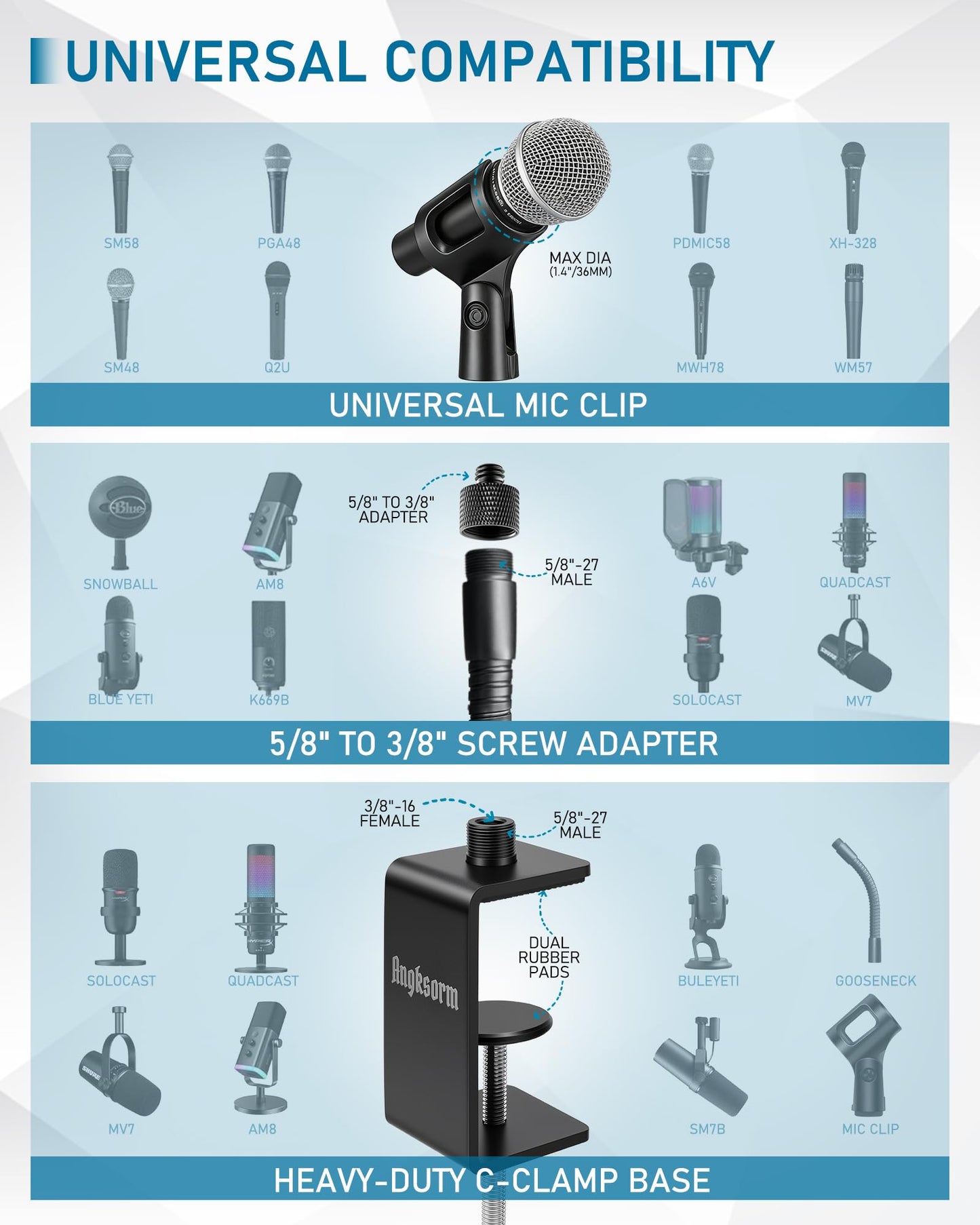 13-INCH Gooseneck Mic Stand, Clip on Gooseneck Desktop Microphone Stand Holder with Heavy Duty C-Clamp Mount for Podium, Lectern, Voice-Over, Gaming, Recording, Studio, Cameras, Smartphones, Lights