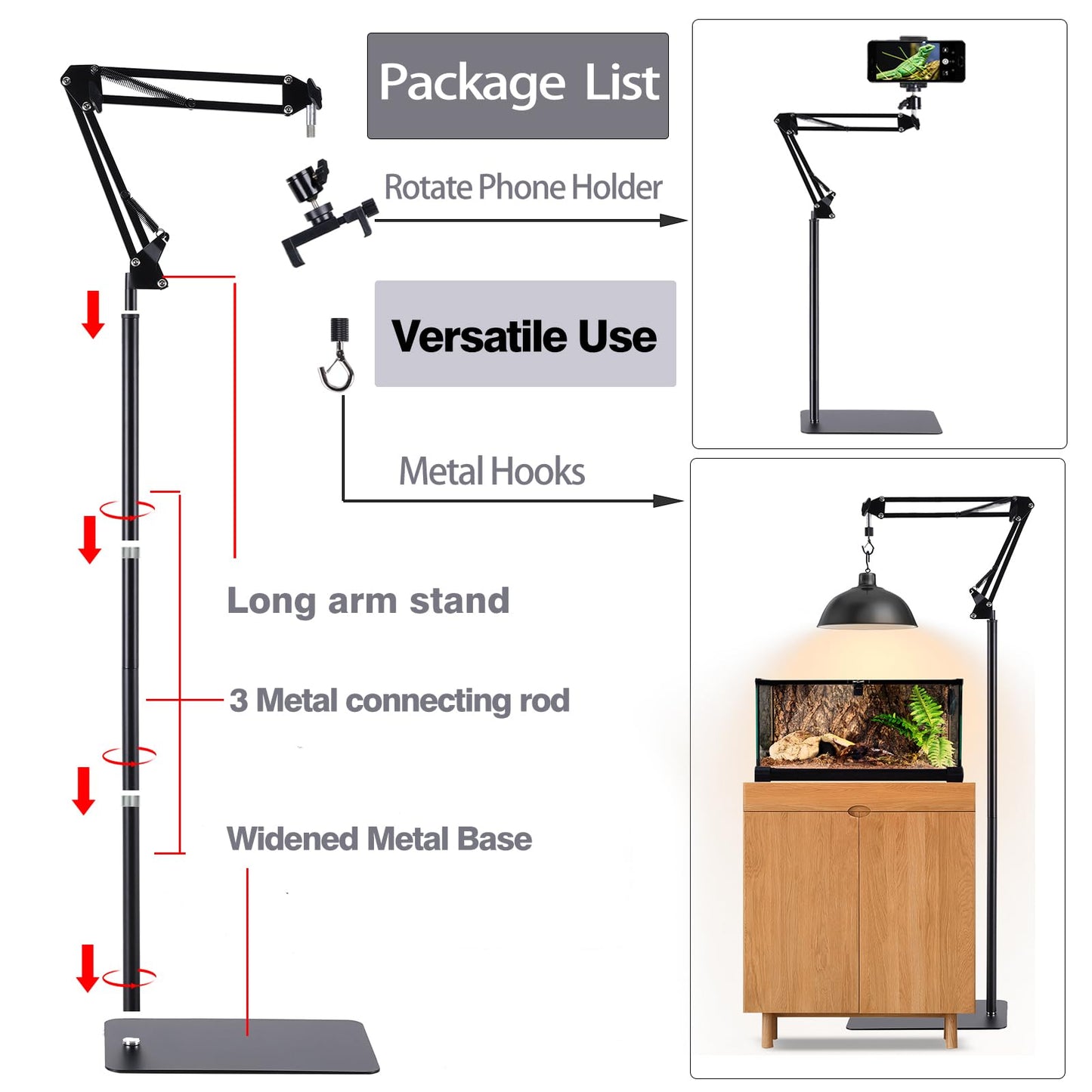 Metal Reptile Lamp Stand Tall Floor，Reptile Heat lamp Stand Adjustable with 360 °Swing Arm Reptile Heating Lamp Stand Suitable for Different Types of Reptile Lights.