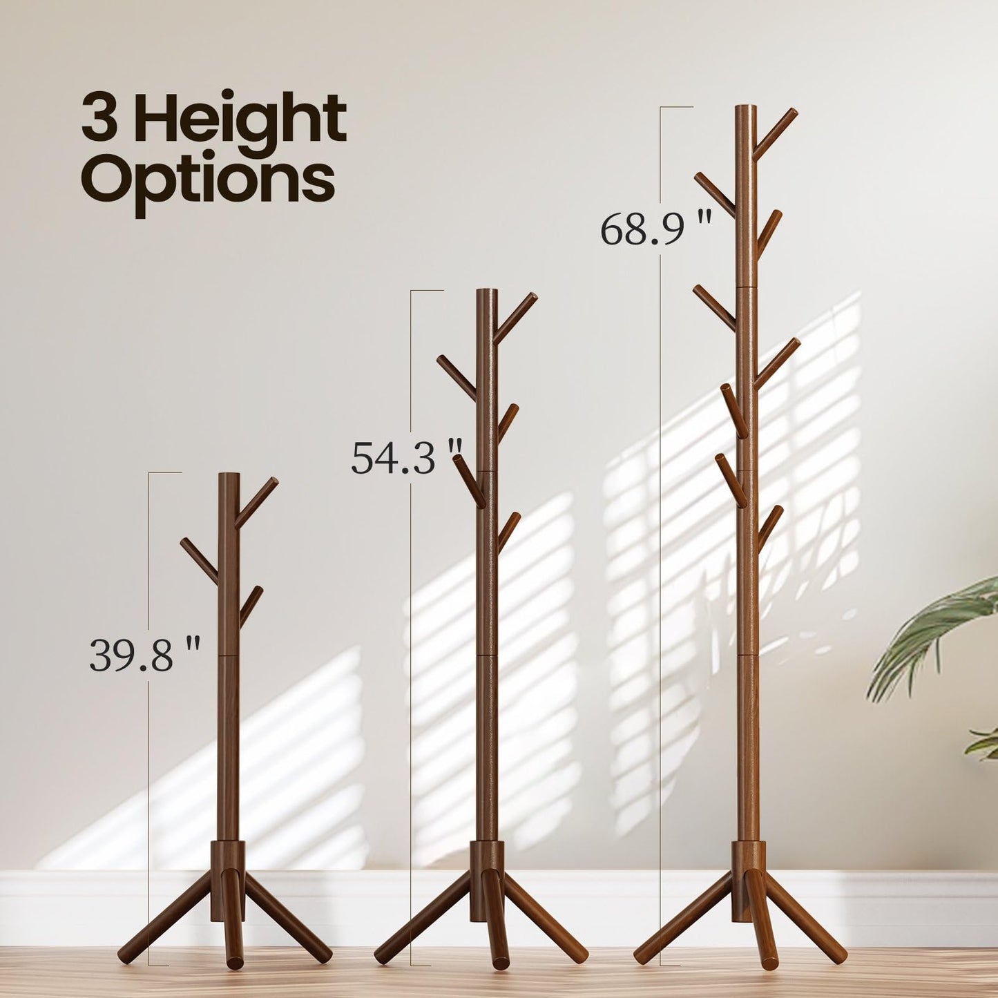 Livearty (TM) Wooden Coat Cloth Garment Hat Rack Stand, Adjustable Coat Tree, Free Standing Tree Hanger with 4 Sections & 8 Hooks for Home, Bedroom, Office, Hallway, Entryway, Apartment