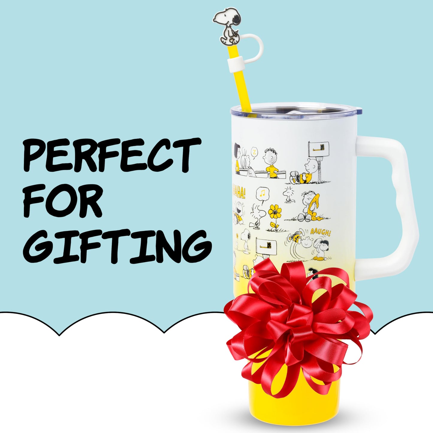 Silver Buffalo Peanuts Iconic Scenes Charlie Brown, Snoopy, Woodstock, Lucy, Sally, Linus Double Walled Stainless Steel Tumbler with Handle, Straw, & Straw Cap, Fits in Standard Cup Holder, 40 Ounces