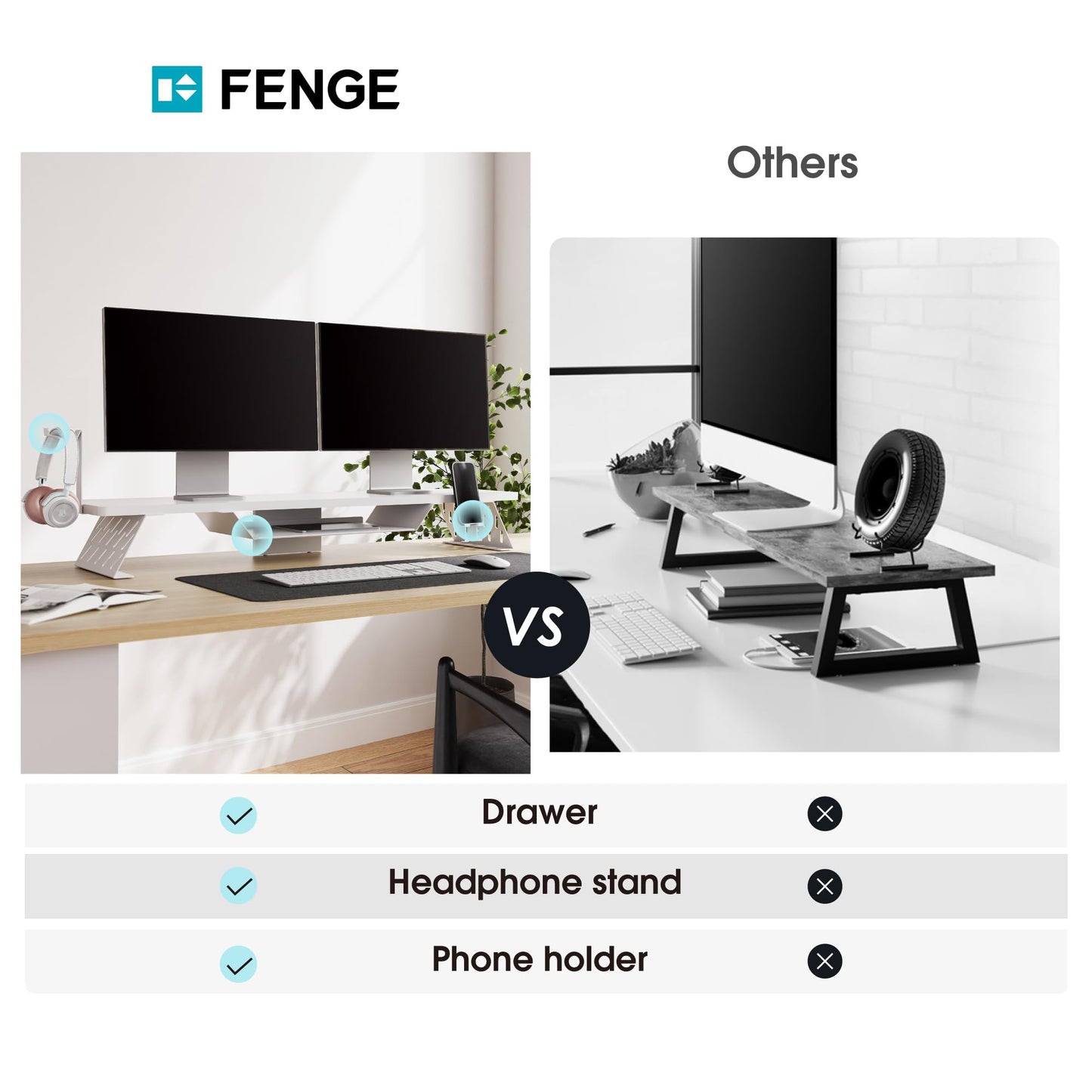 FENGE Monitor Stand Riser with Phone Holder and Headphone Mount 42.5 inch Large Computer Monitor Stands Wood+Steel Desktop Organizer, Metal Storage Shelf Max Load 66LBS White