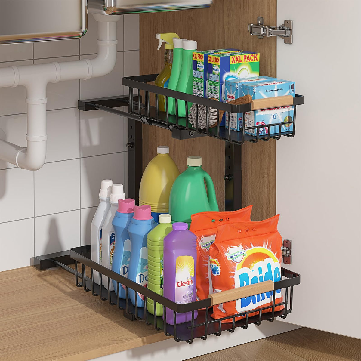 ADRIMER Under Sink Organizer, Pull Out Kitchen Organizers and Storage, 2 Tier Slide Out Bathroom Cabinet Organizers and Storage Height Adjustable Durable Metal, Black