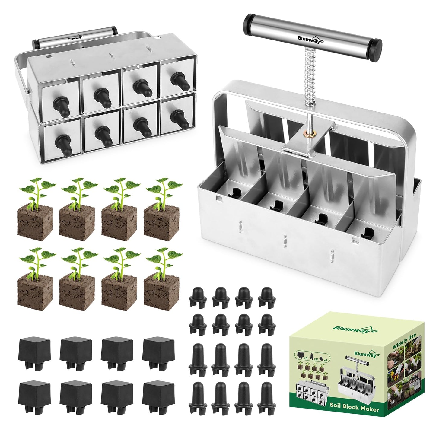 BlumWay Upgraded Soil Blocker, 8 Cell Seed Blocker 2 inch Quad Soil Block Maker Manual with 3 Types of Block Pins, Hand-held Soil Blocking Tool for Seed Stater Tray Outdoor Plants