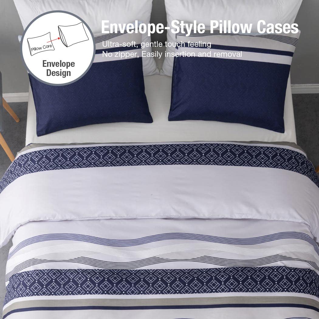 Conworld Duvet Cover Queen, 3 Pieces Bohemian Duvet Cover Sets with 2 Pillowshams, 1 Duvet Cover with Hidden Zipper & Corner Ties, Blue Striped