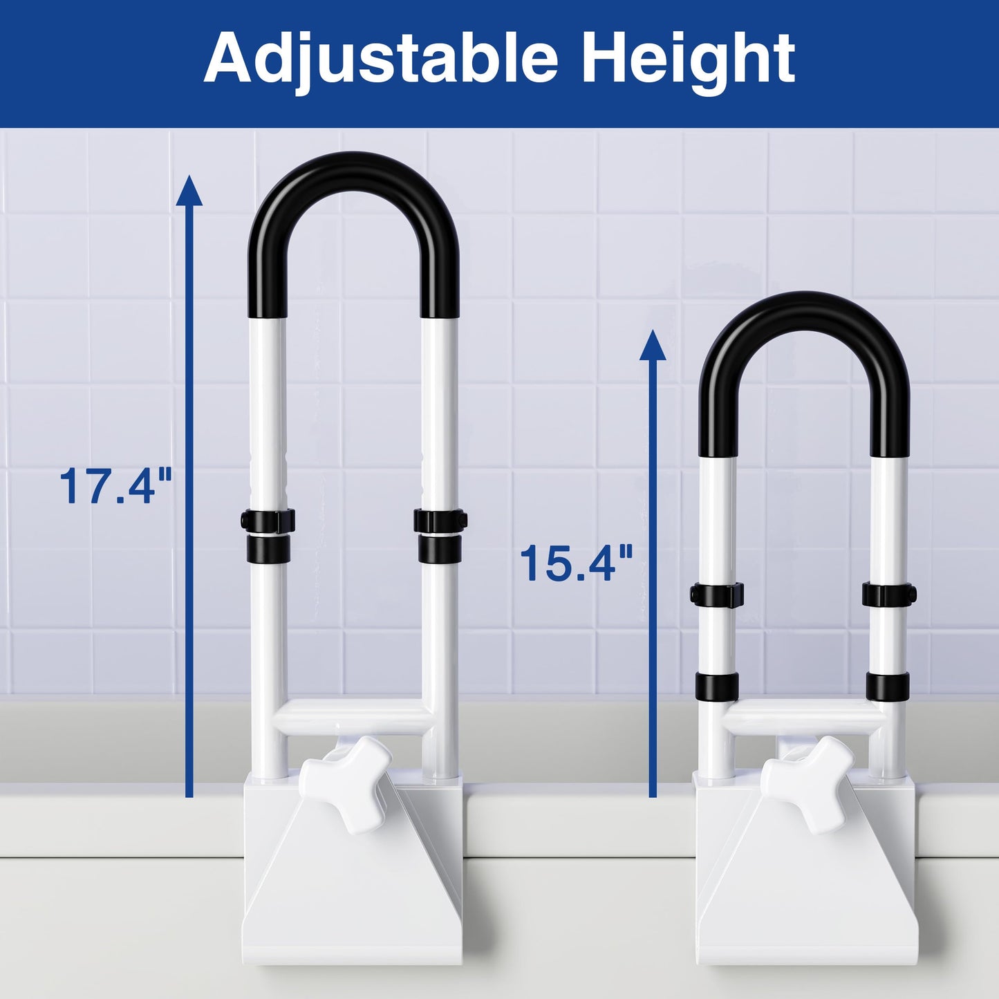 Adjustable Bathtub Safety Rail: Shower Grab Bar Handle for Seniors, Elderly, and Disabled, Fits 3.1 to 6.7 Inch Tub Walls, Bathroom Safety Bars with Non-Slip Grip, Supports 300 lbs