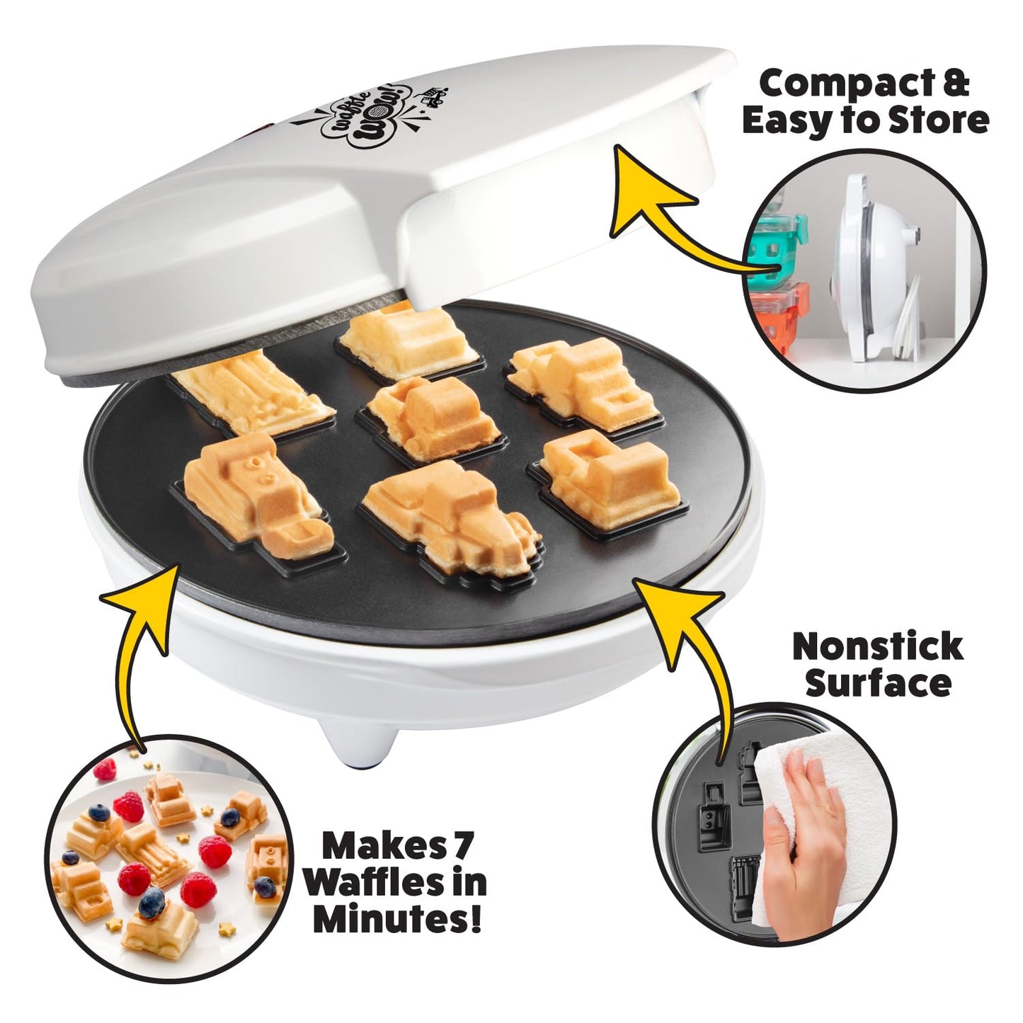 Construction Trucks Mini Waffle Maker - Make 7 Fun, Different Vehicle Shaped Pancakes Featuring a Bulldozer, Forklift & More - Electric Non-Stick Pan Cake Car Waffler Iron