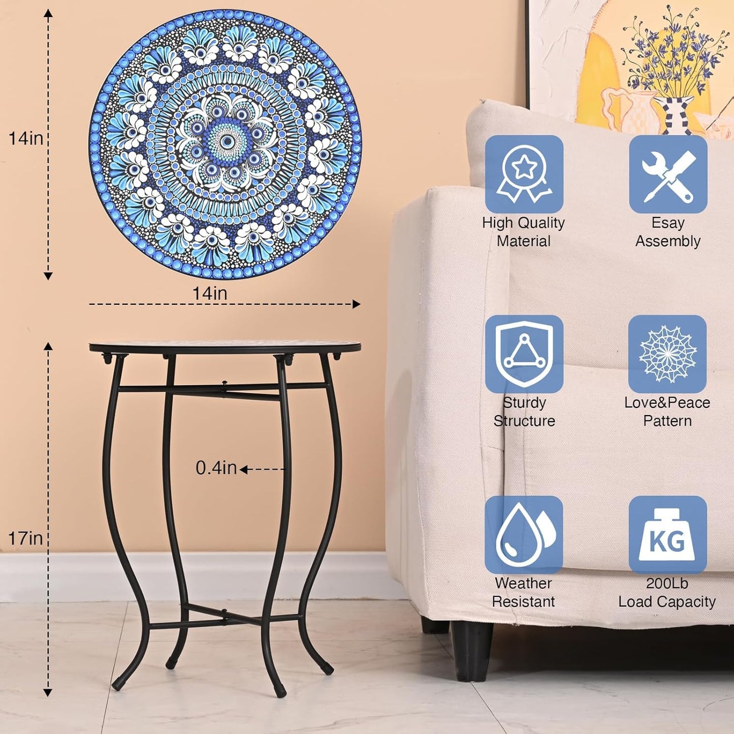 17" Tall Patio Side Table, 14 Inch Round Side Table, Weather Resistant Anti-Rust Metal Indoor Outdoor Side Table for Patio Yard Porch Balcony Garden Bedside, Dark Blue