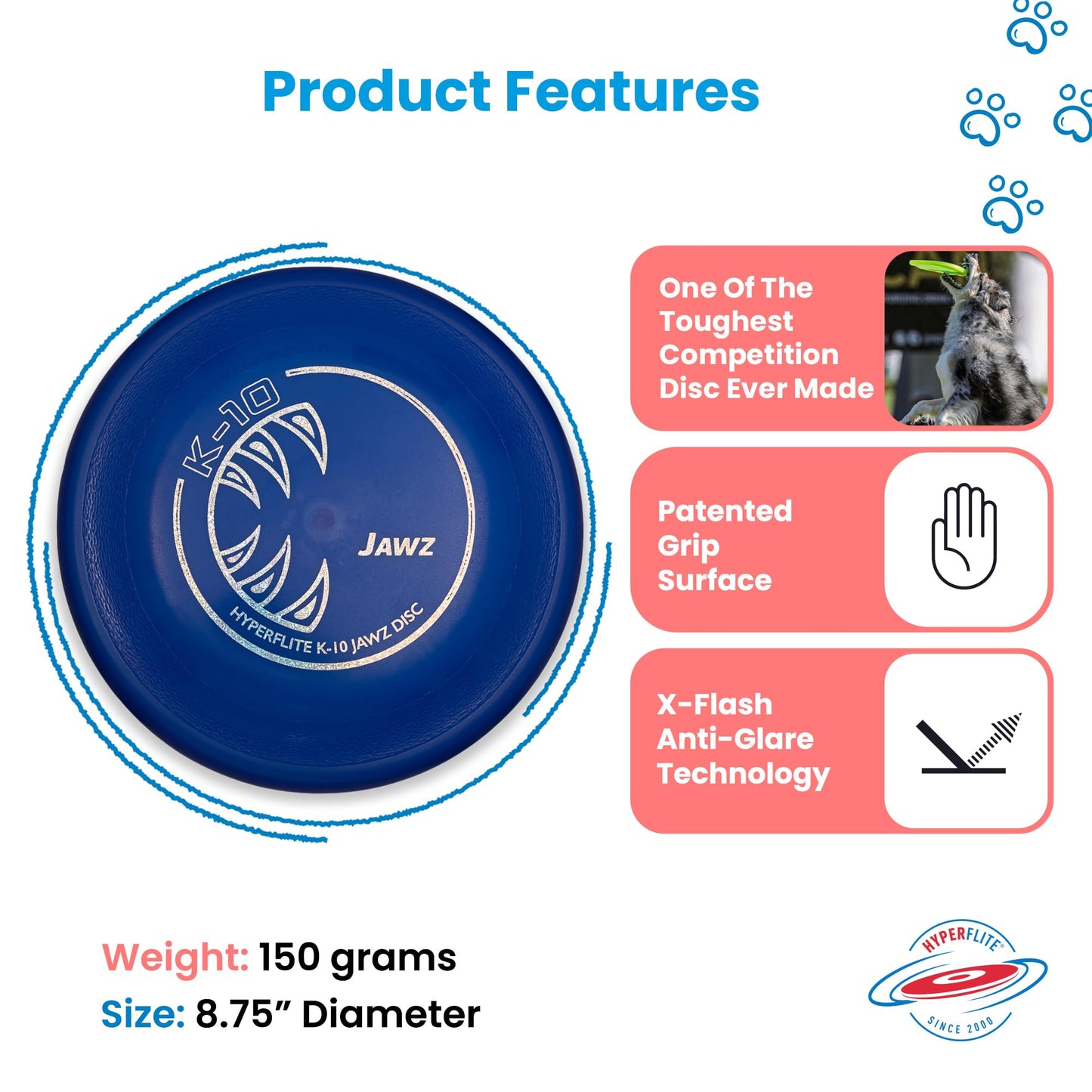 Hyperflite Jawz Dog Flying Disc - World's Toughest Training Dog Toy. Best Competition Flying Disc Toy for Pets, Puncture Resistant - 8.75 Inch