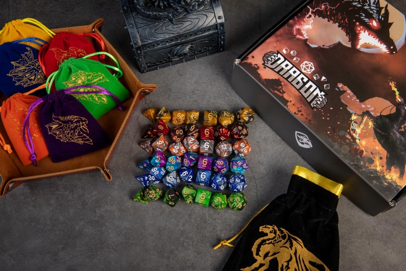 REZIPO Gifted Package 6 Sets DND Dice Double-Color Polyhedral Dice Dungeons and Dragons Rolling Dice for RPG MTG Table Games with Six Drawstring Bags and D&D Dice Tray