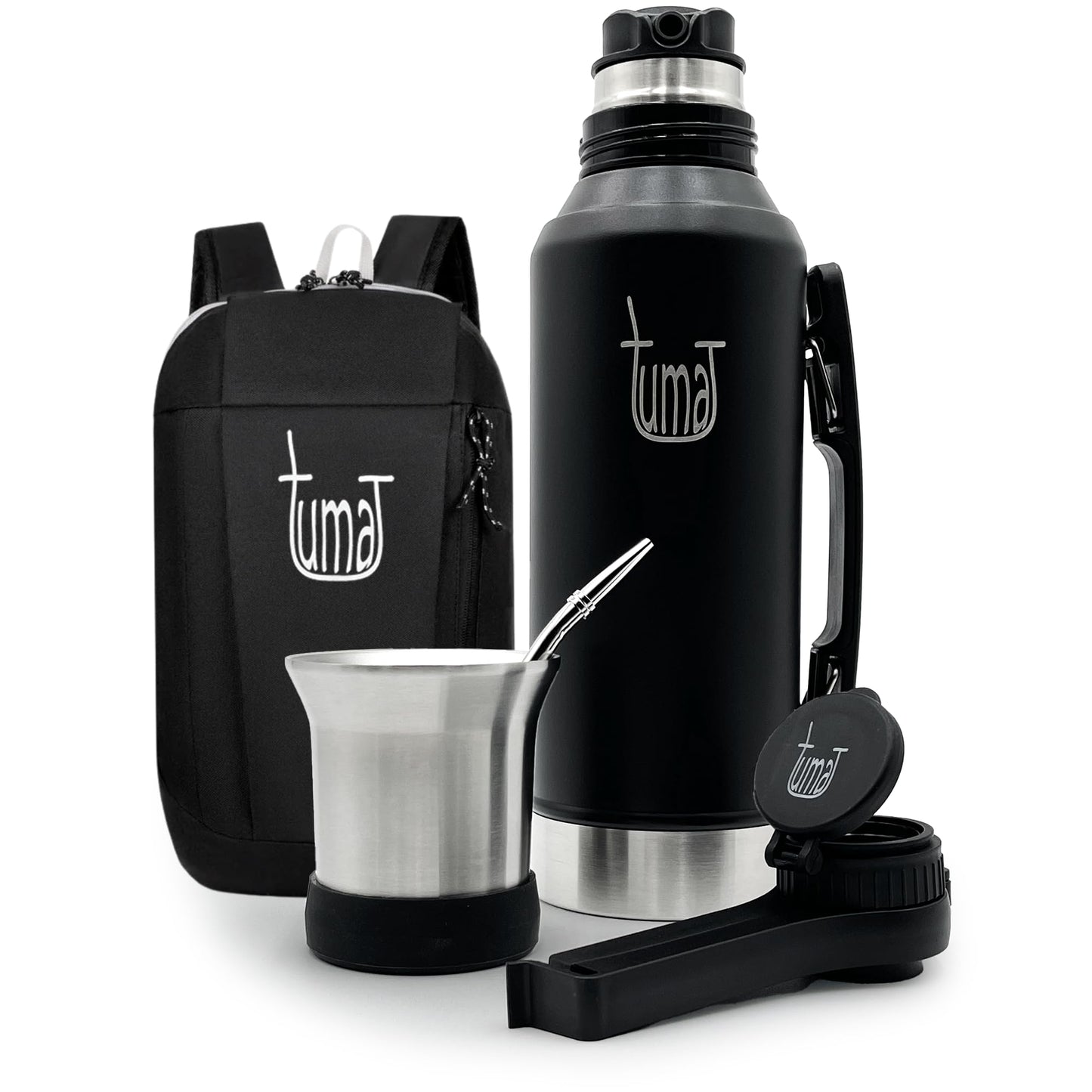 Complete Yerba Mate Kit – 1.2L Vacuum Insulated Bottle with Mate System, Cup, Clip Spout, Straw (Bombilla) + Free Backpack – Premium Stainless Steel Set to Go