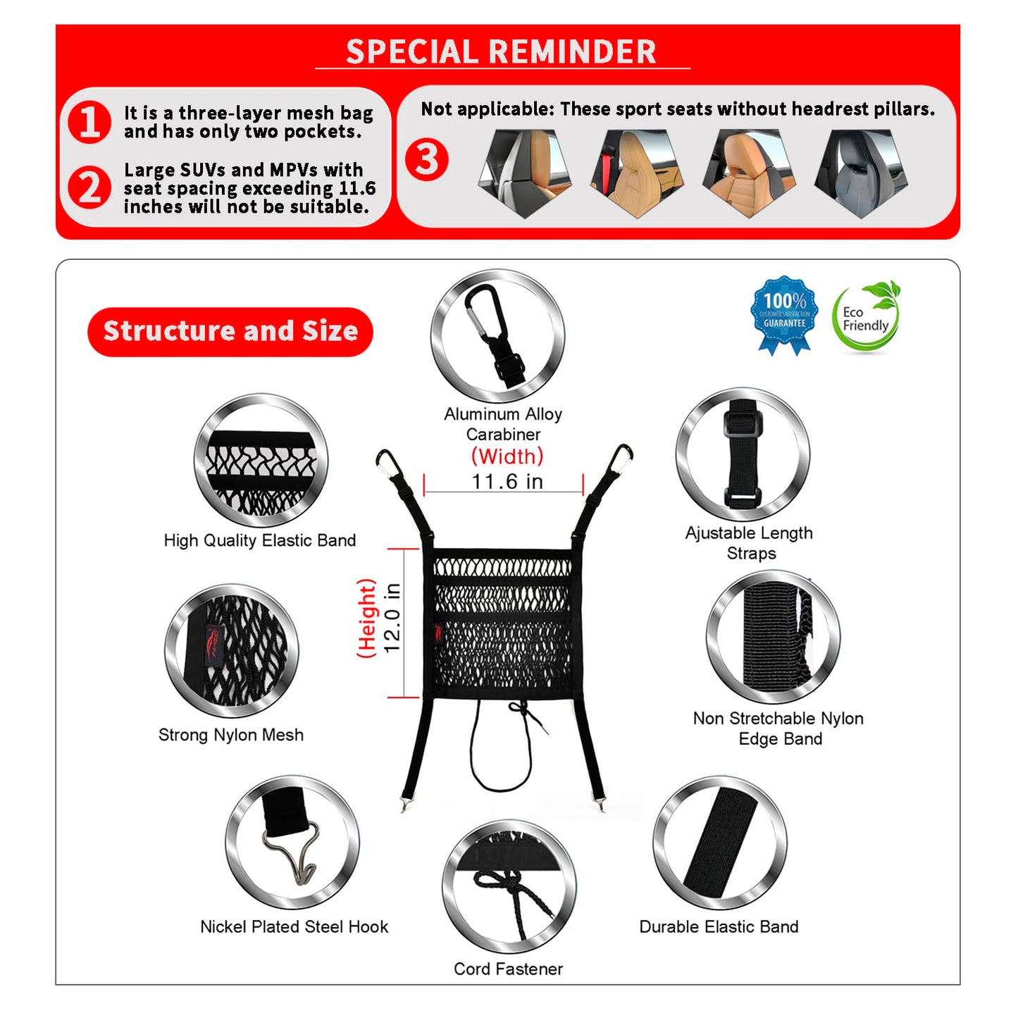 AMEIQ Car Accessories, Organizer Storage Between Front Seats, Purse Handbag Holder of 3 Layers Mesh Net Pocket Bag, Backseat Dog Pet Barrier