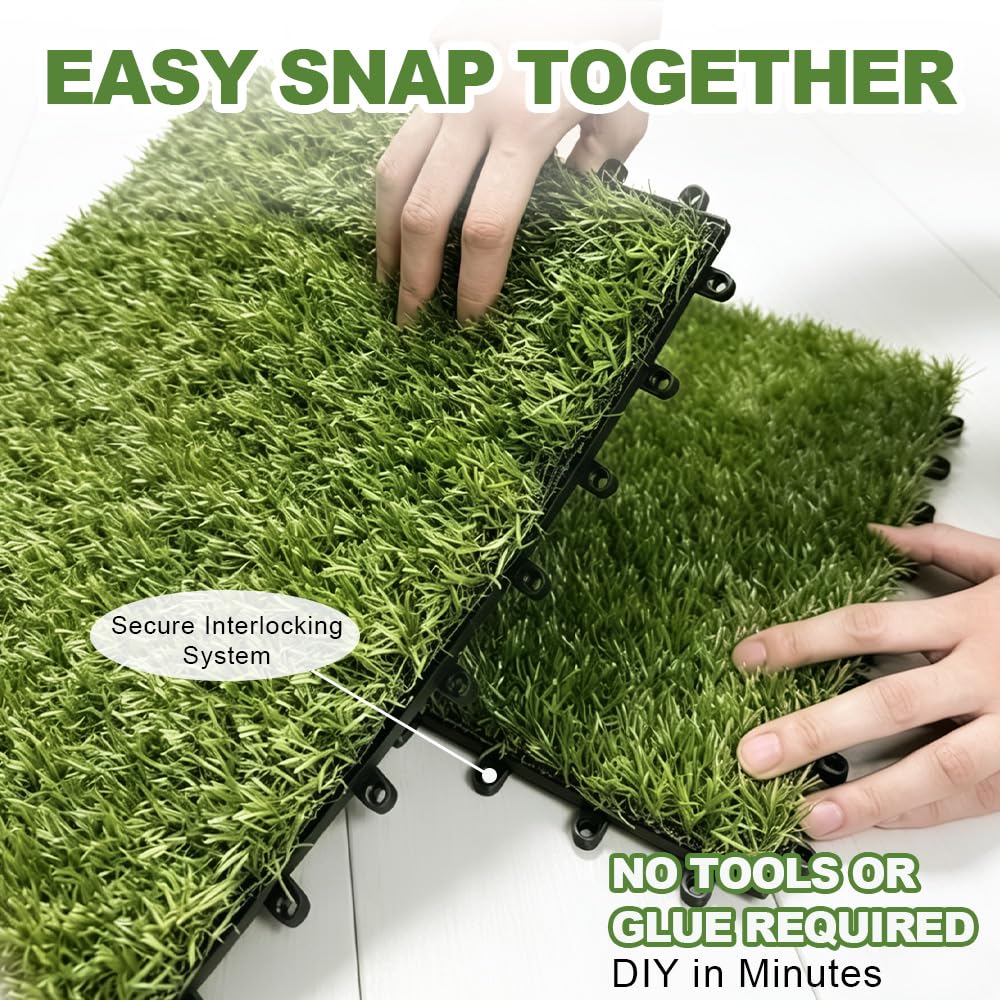 Qingbei Rina Artificial Grass Turf Tiles Interlocking for Patio Balcony,12"x12" Artificial Turf Grass Outdoor Rug for Dogs Potty Pet Squares Grass Decor Pad,Self-draining Flooring Indoor (9 Pack)