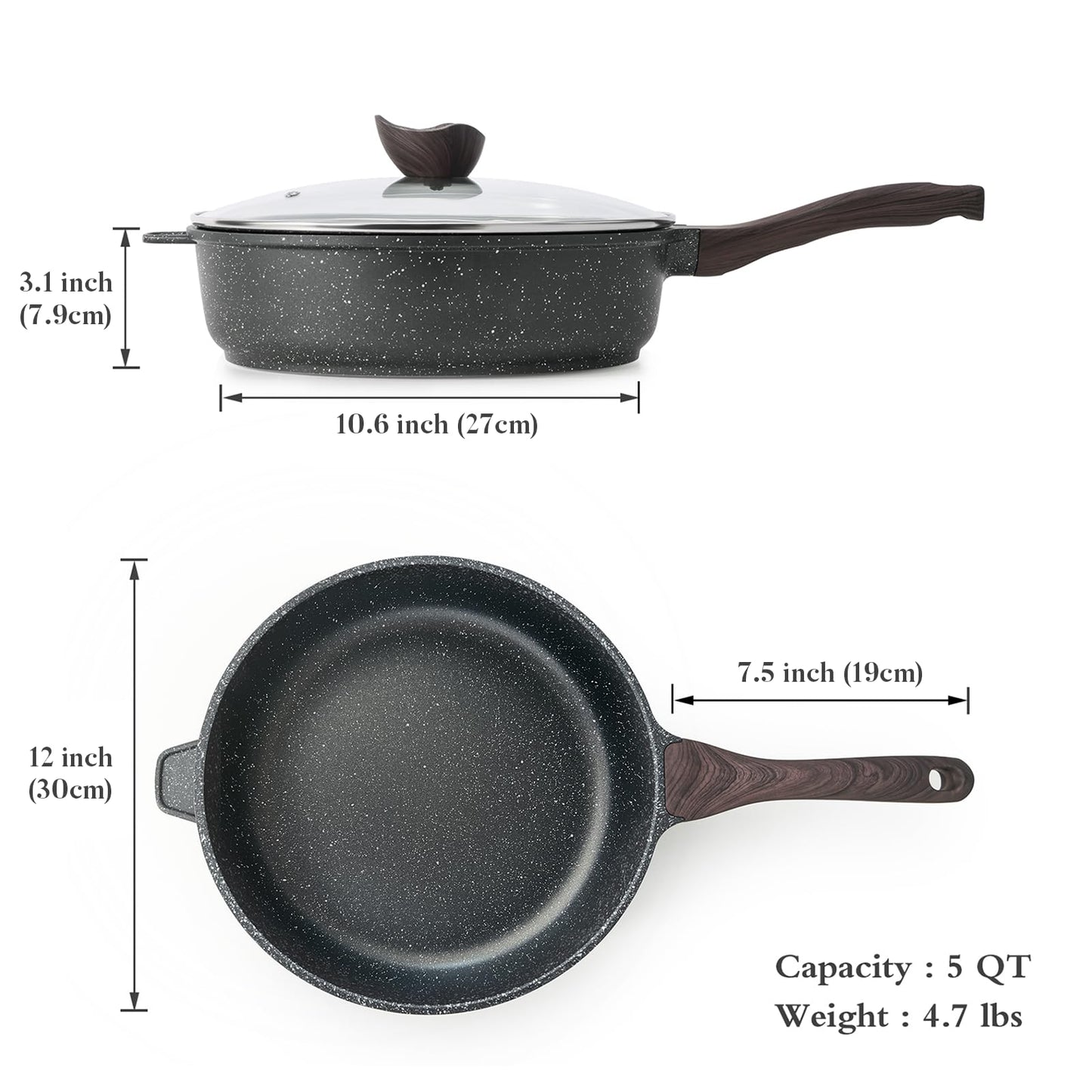 Kordisen Nonstick Deep Frying Pan with Lid, 12 Inch Large Skillet, Granite Stone Saute Pan for Cooking, Chefs Pan, Induction Cookware, Compatible with All Stovetops, PFOA Free