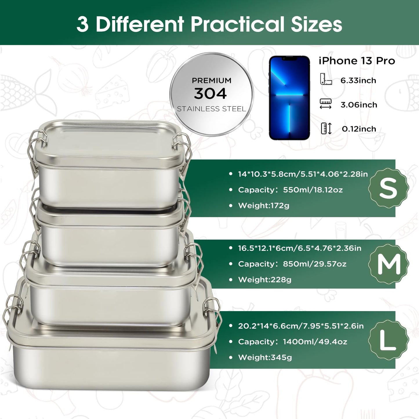 LEEPENK 304 Stainless Steel Lunch Box and Food Containers with Lids 4 Pack 1400/850/550/550ml, Leak-Proof and Stackable Stainless Steel Bento Box for Travel and Work Adults