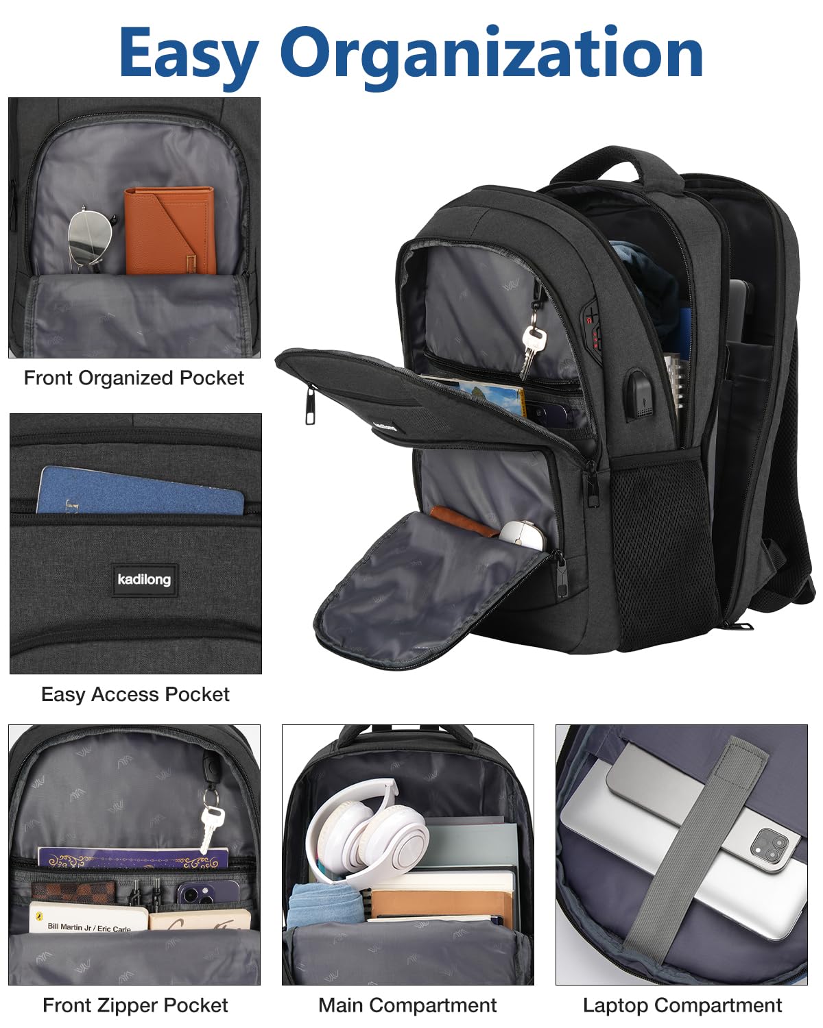 Laptop Backpack Men School Backpacks for Teen Boys Business Travel Anti Theft Book Bag with USB Charging Port,Water Resistant College Computer Bag Fits 15.6 Inch Notebook for Teenage,Black