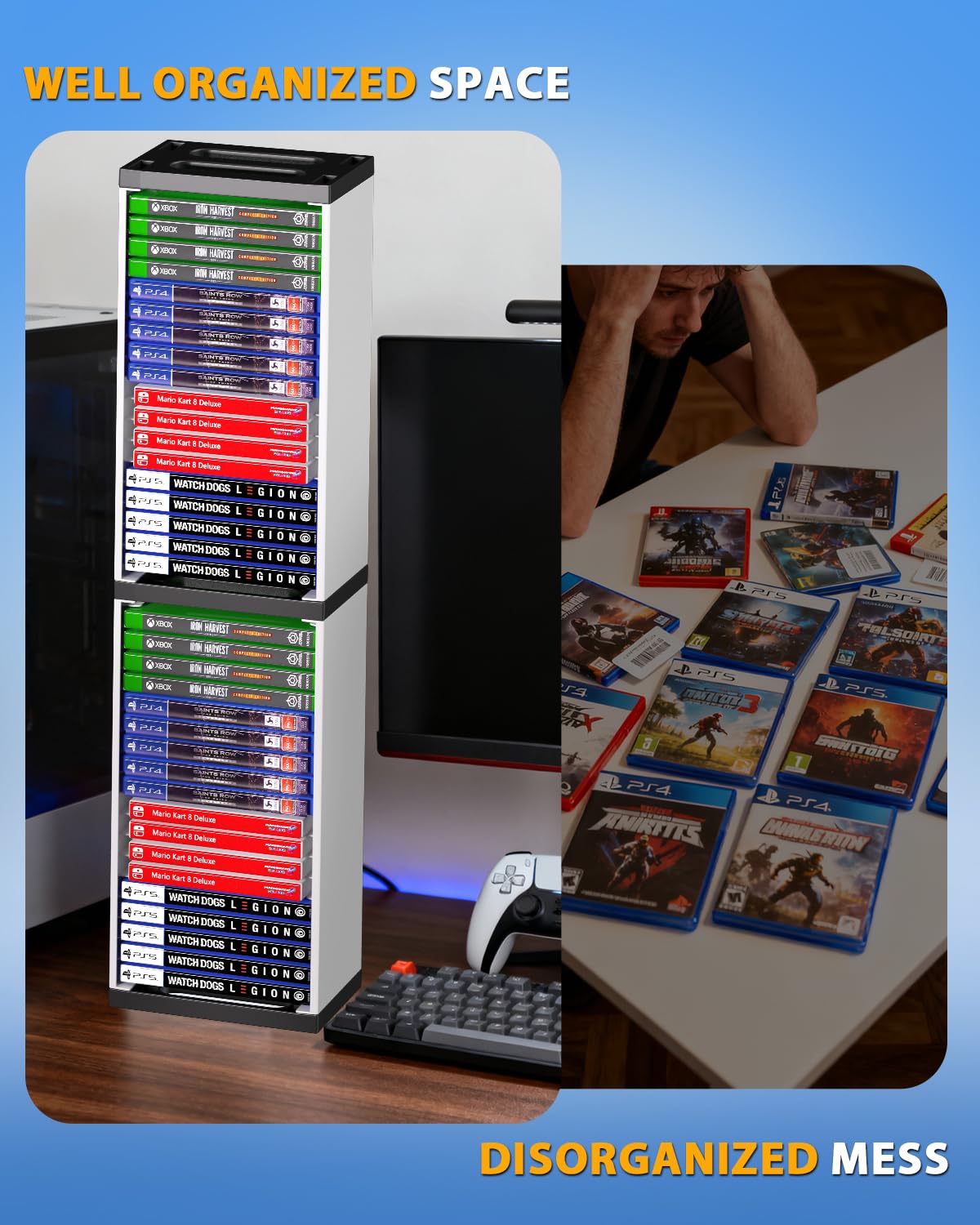 Nargos Video Game Storage Stand Tower for PS5/ PS4/ PS3/ Xbox Series S & X/Xbox one Game, Universal Game Disc Holder Vertical Blu Ray Case Organizer (White)