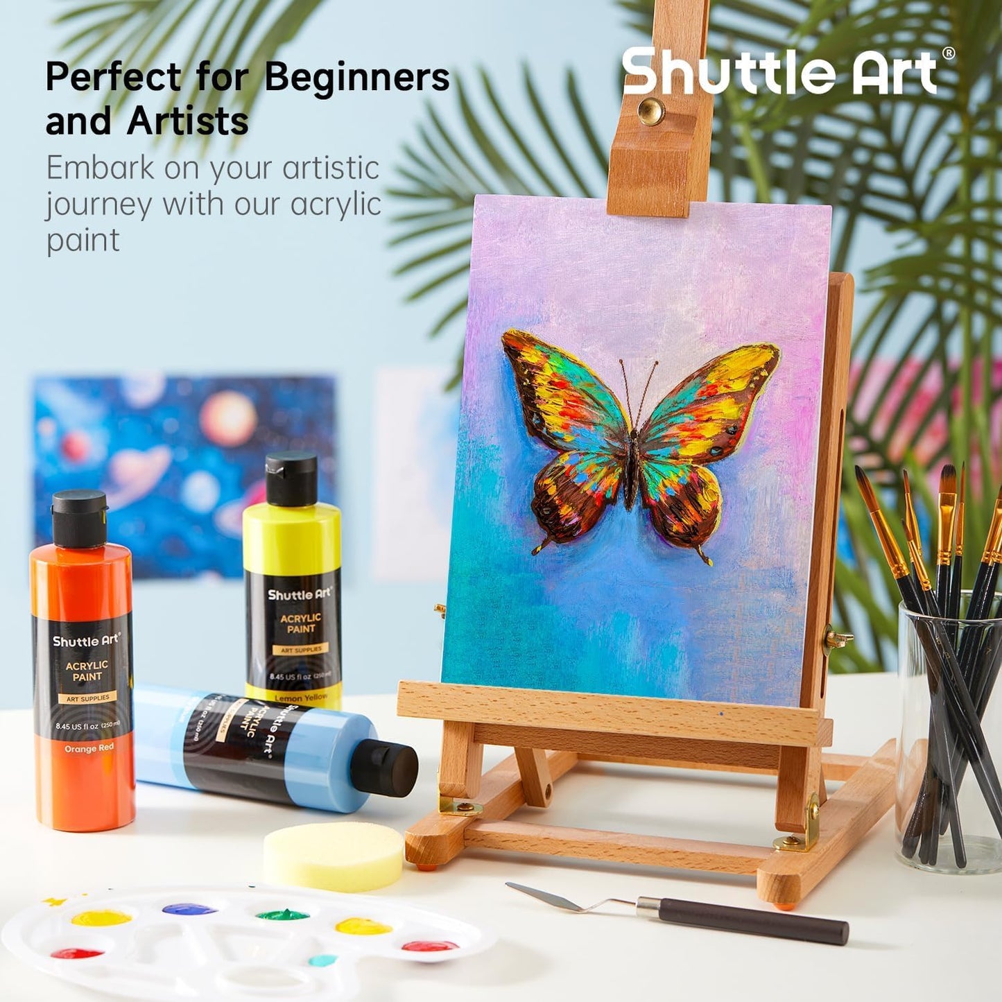 Shuttle Art Acrylic Paint, 24 Colors Acrylic Paint Bottle Set, 250ml/8.45oz Each, Rich Pigments, High Viscosity, Bulk Paint for Artists, Beginners and Kids Painting on Rocks Crafts Canvas Wood Ceramic