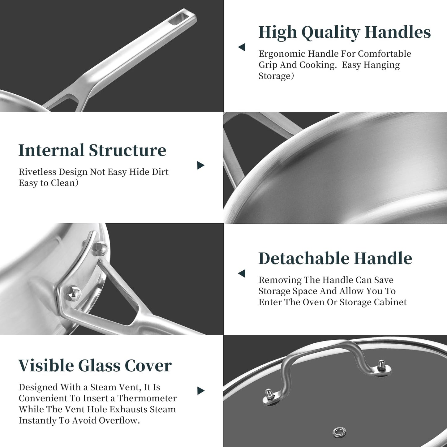 Tri-Ply Stainless Steel Saute Pan 6QT, 12 Inch Deep Frying Pan with Lids, 3-Layer Saute Pan with Lid Large Skillet with Stay Cool Handle, Induction Pan, Dishwasher and Oven-Safe