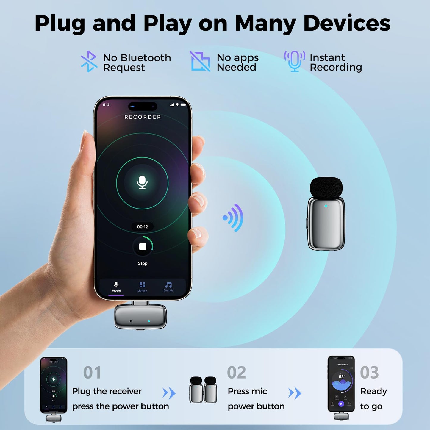ZealSound Wireless Lavalier Microphone for iPhone/iPad/Android, Mini Microphone with Noise Reduction & 33H Battery, USB-C Plug & Play Clip-on Lapel Mic for Video Recording, Vlogging, YouTube, TikTok