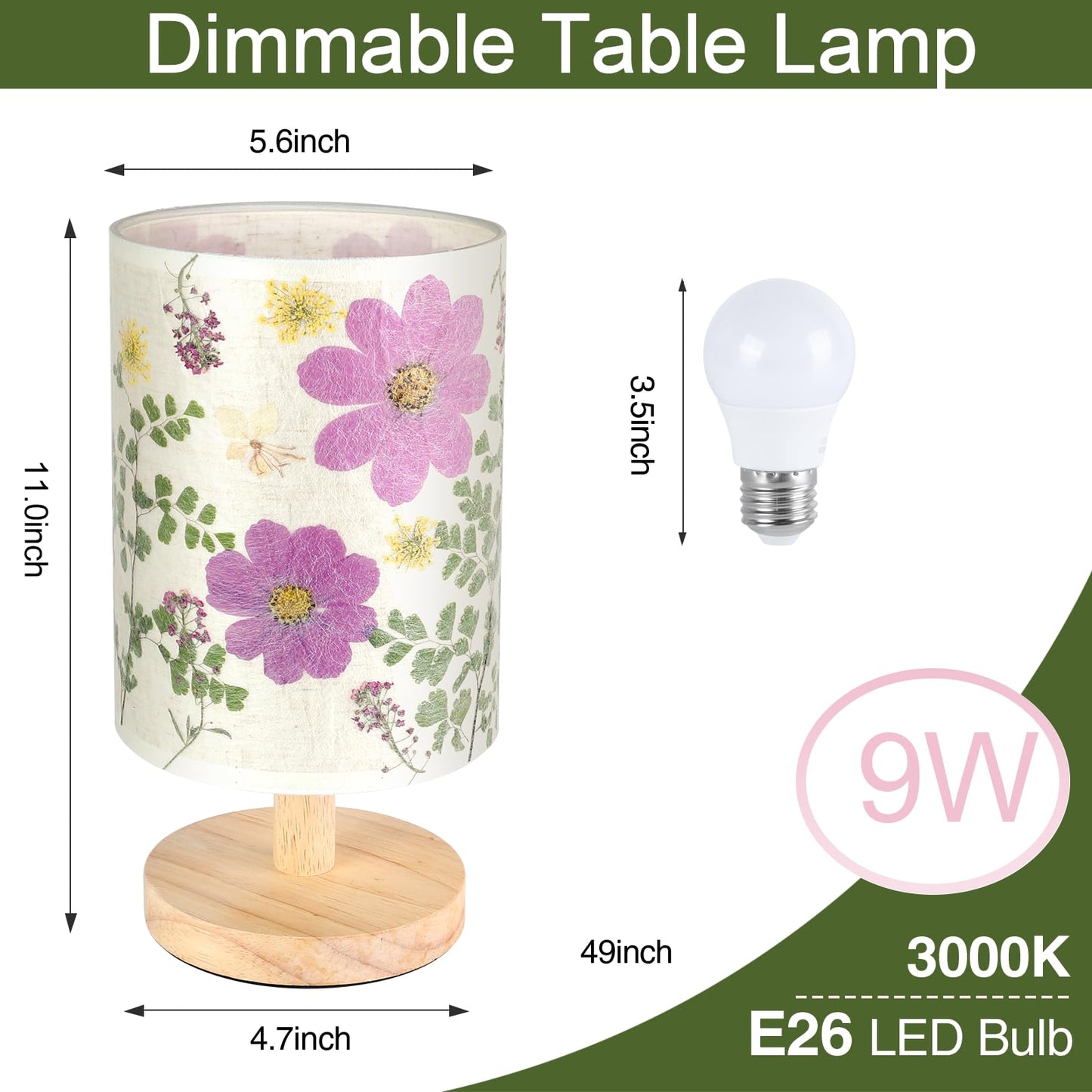 Floresita Dried Flowers Table Lamp 9W LED Dimmable Warm Light Pressed Flower Bedside Lamp Linen Shade with Wood Base for Bedroom Living Room Desk Office