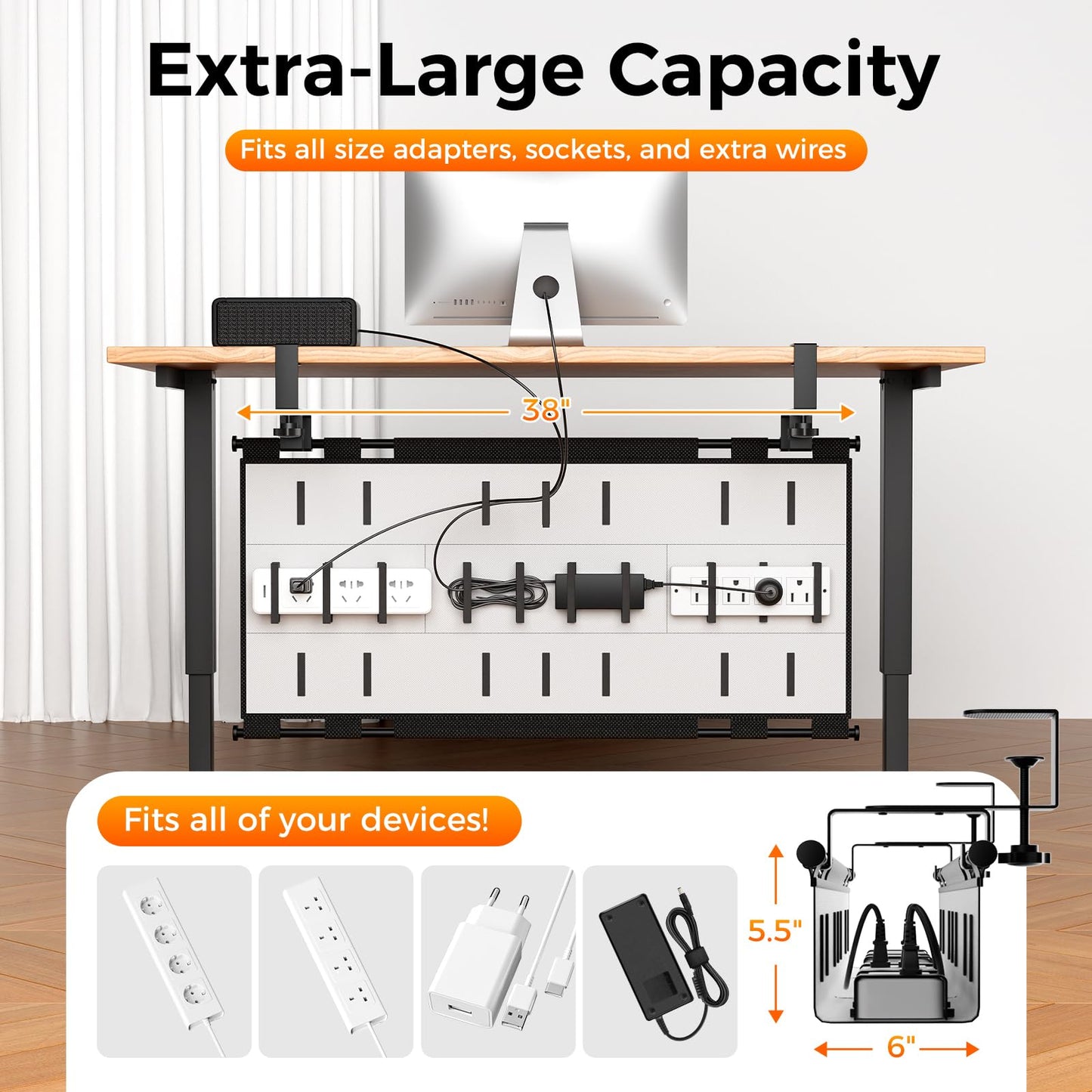 YOOMONA No Drill Cable Management Tray & Under Desk Privacy Panel 2 in 1,Cord Management Under Desk with Clamp/Screw Mount for Home,Office (Black)