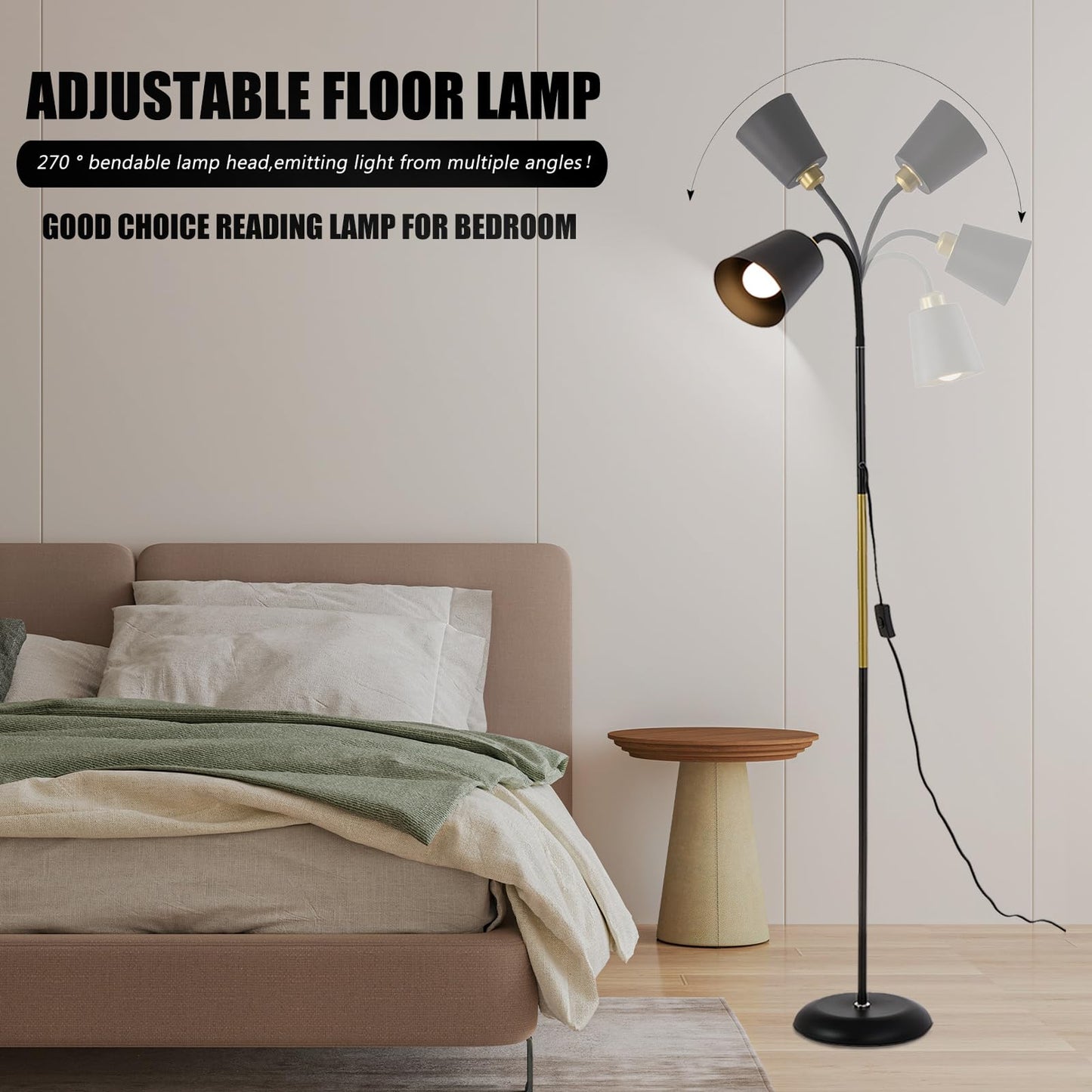Floor Reading Lamp, Industrial Metal Standing Lamps with Adjustable Bendable 2 in 1 Table Lamps for Living Room Bedroom Office, 12W Bulb Included (Black)
